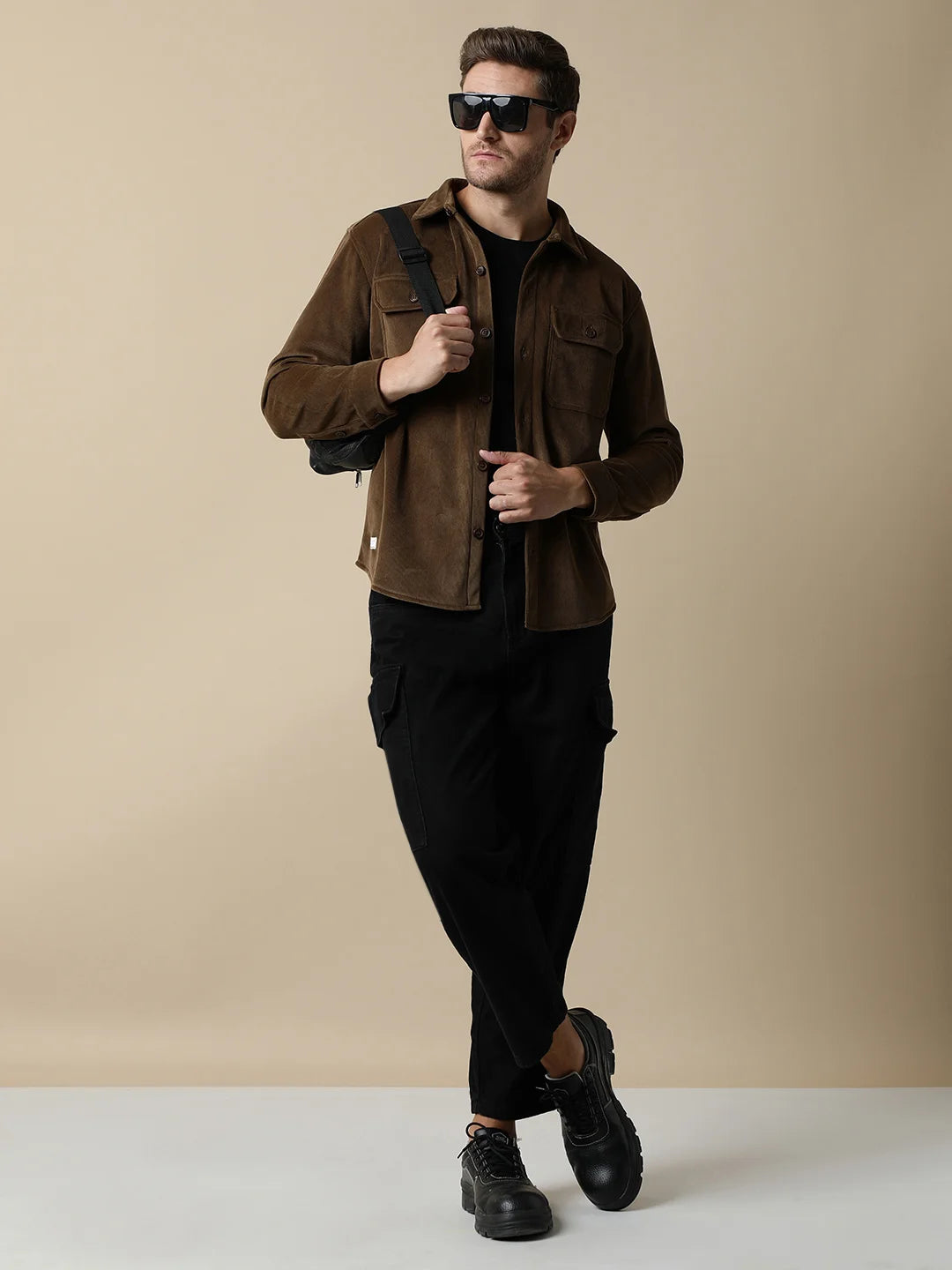 Experience the versatility and style of the Men's Brown Corduroy Shacket with Chest Pockets by Fort Collins, available for purchase online from anywhere in India.