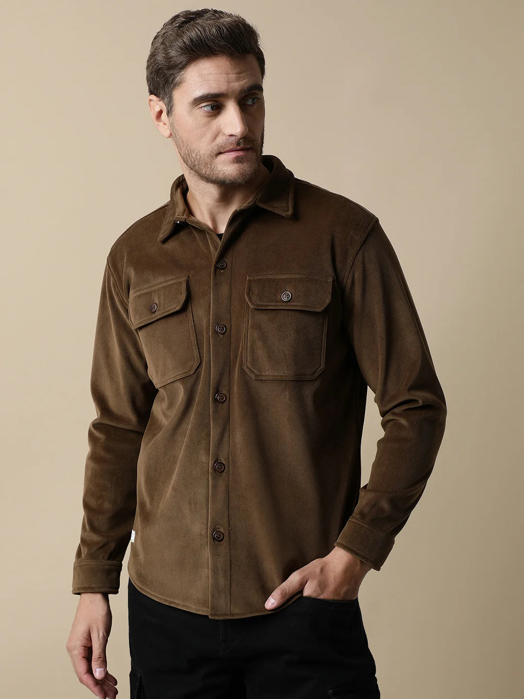 This Men's Brown Corduroy Shacket from Fort Collins features convenient chest pockets. Available for purchase online from anywhere in India.