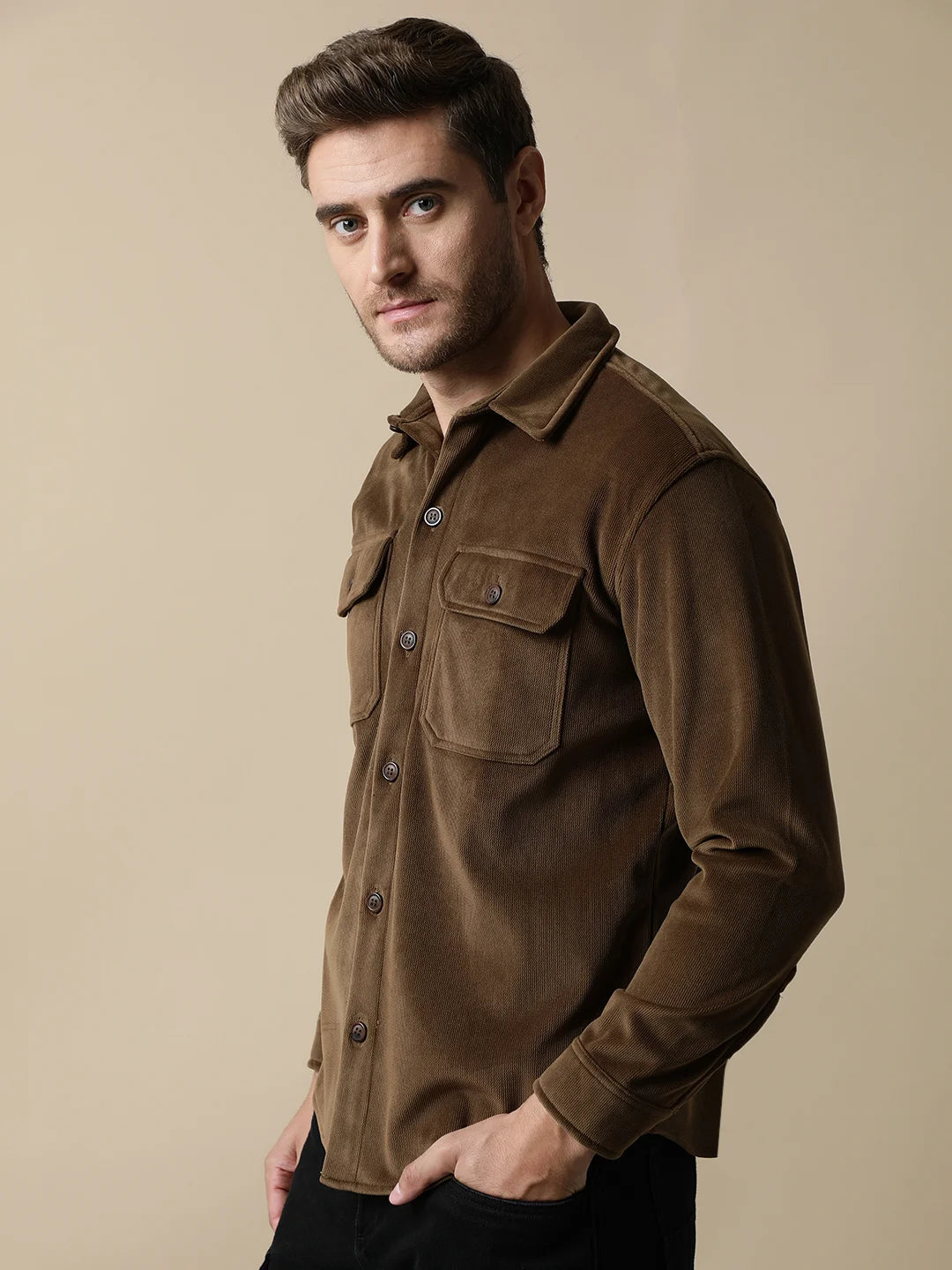 Experience ultimate comfort and style in the Men's Brown Corduroy Shacket with Chest Pockets by Fort Collins. Purchase this high-quality piece online from anywhere in India.