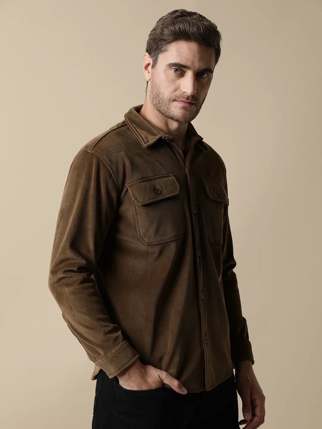 The Men's Brown Corduroy Shacket with Chest Pockets from Fort Collins is available for purchase online from anywhere in India.