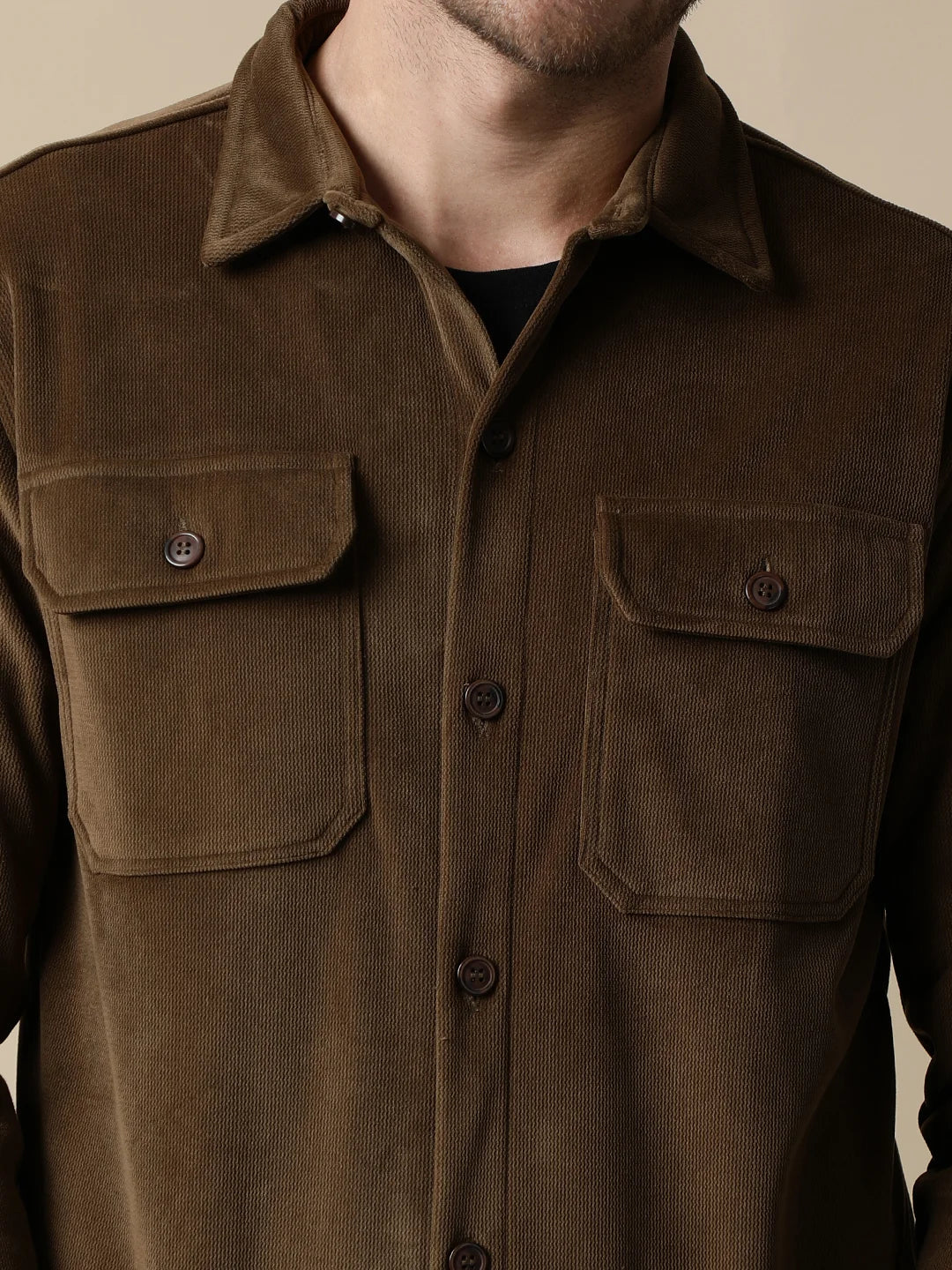 Buy the Men's Brown Corduroy Shacket with Chest Pockets from Fort Collins, available for online purchase in India.