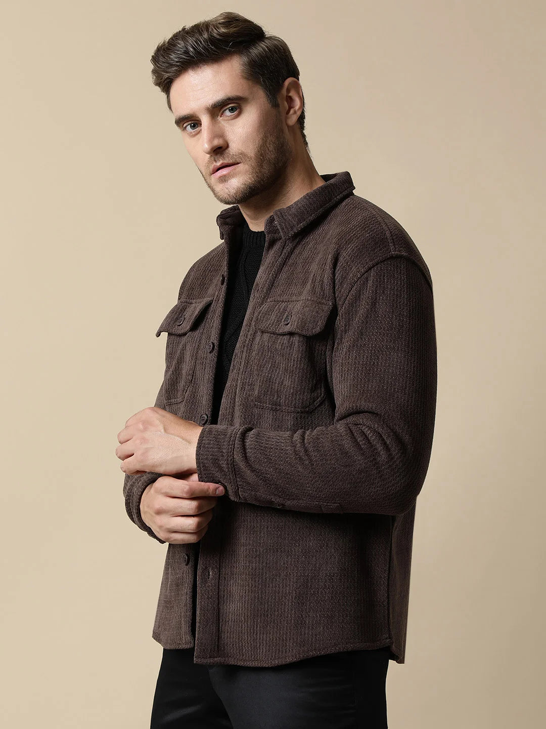 Upgrade your wardrobe with our Men's Brown Textured Shacket, featuring dual chest pockets. Shop online now for a fashionable addition to your wardrobe from anywhere in India.