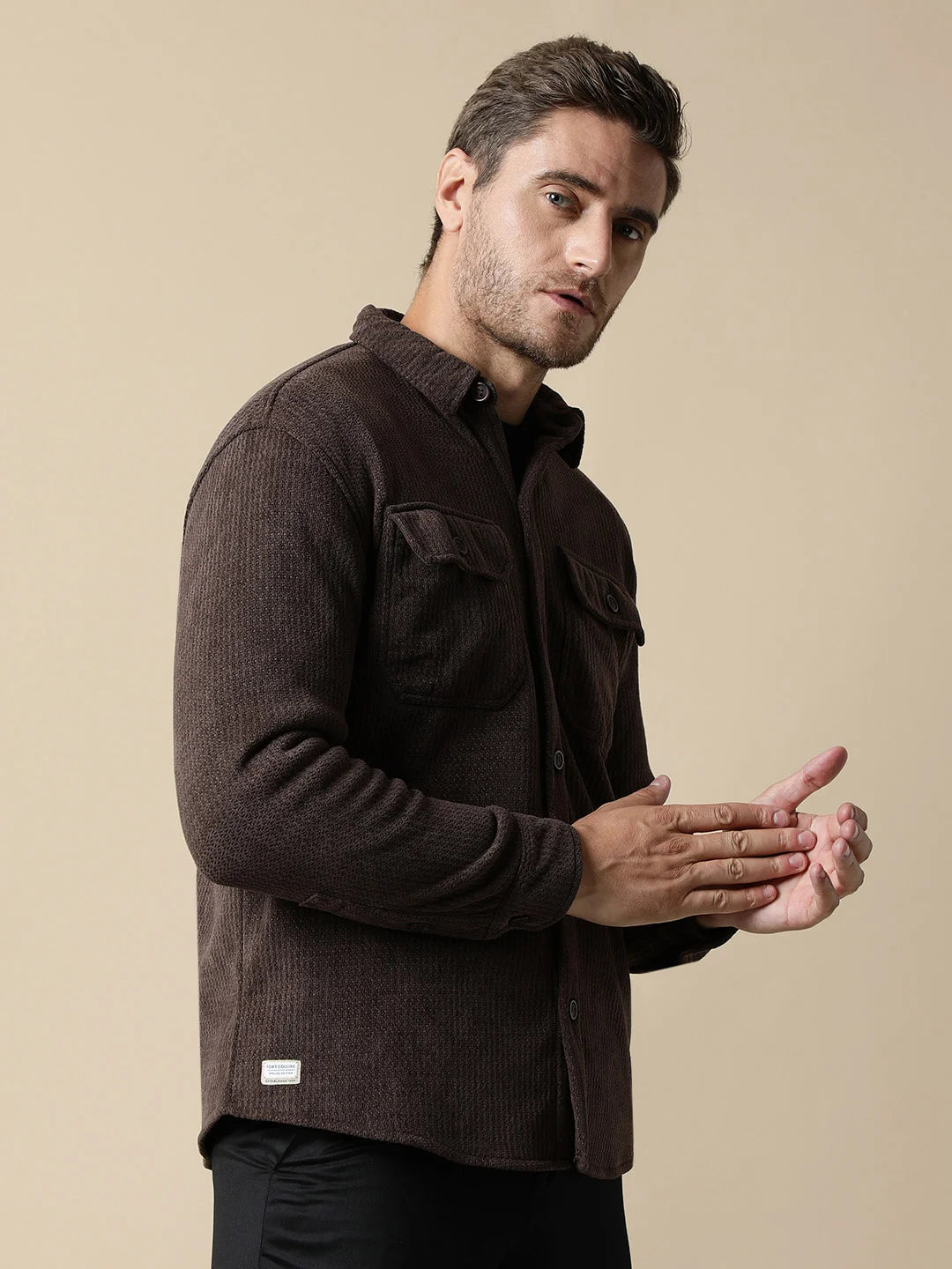 Purchase the Men's Brown Textured Shacket with Dual Chest Pockets from Fort Collins for a stylish wardrobe update that can be made online from anywhere in India.