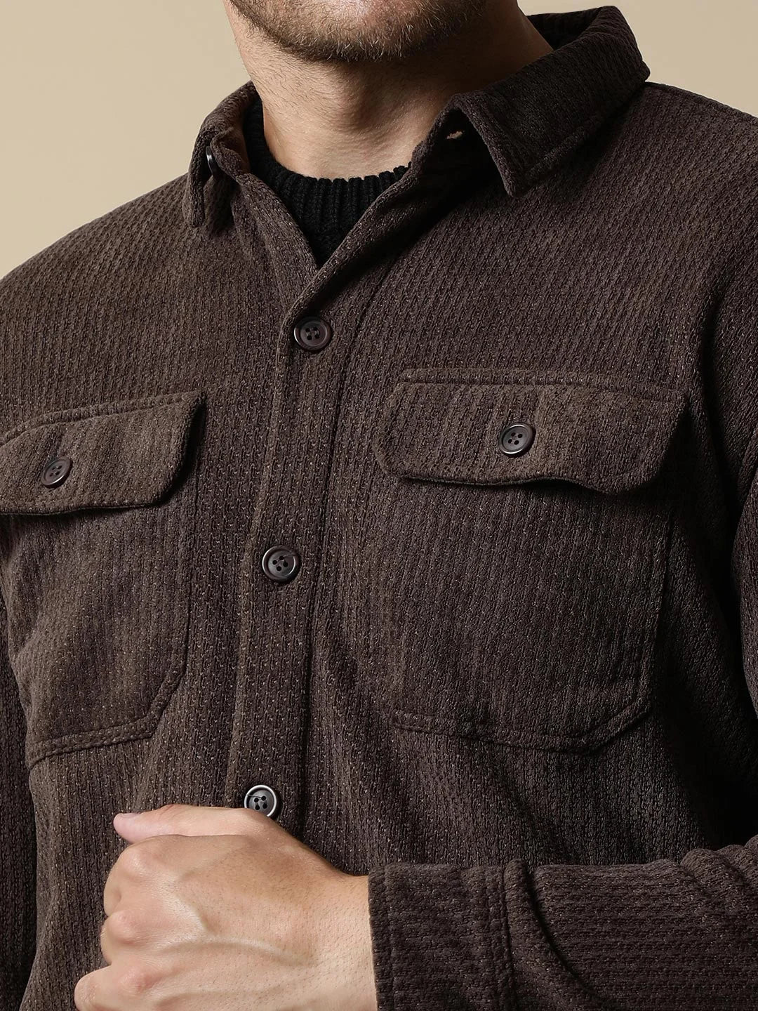 Upgrade your wardrobe with the Men's Brown Textured Shacket from Fort Collins, featuring dual chest pockets. Now available for online shopping from anywhere in India.