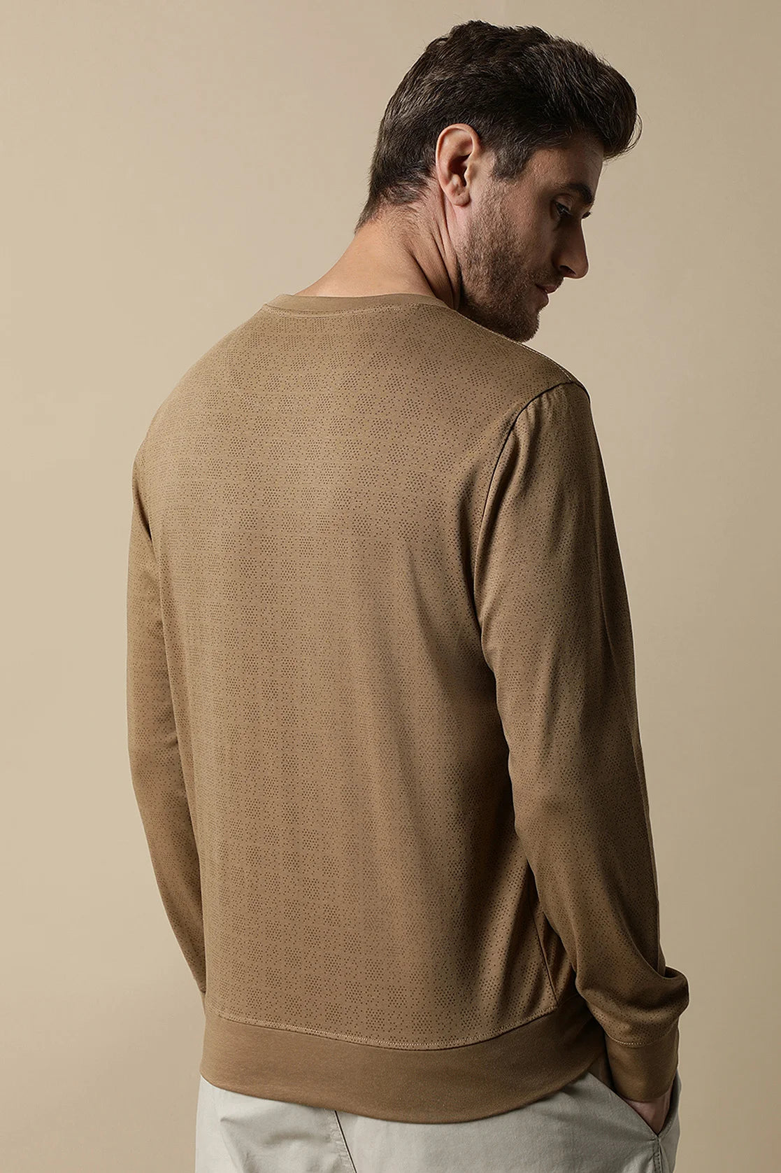 Shop now for a stylish wardrobe online from anywhere in India with the Fort Collins Men's Camel Color Round Neck Sweatshirt, featuring a chest print.