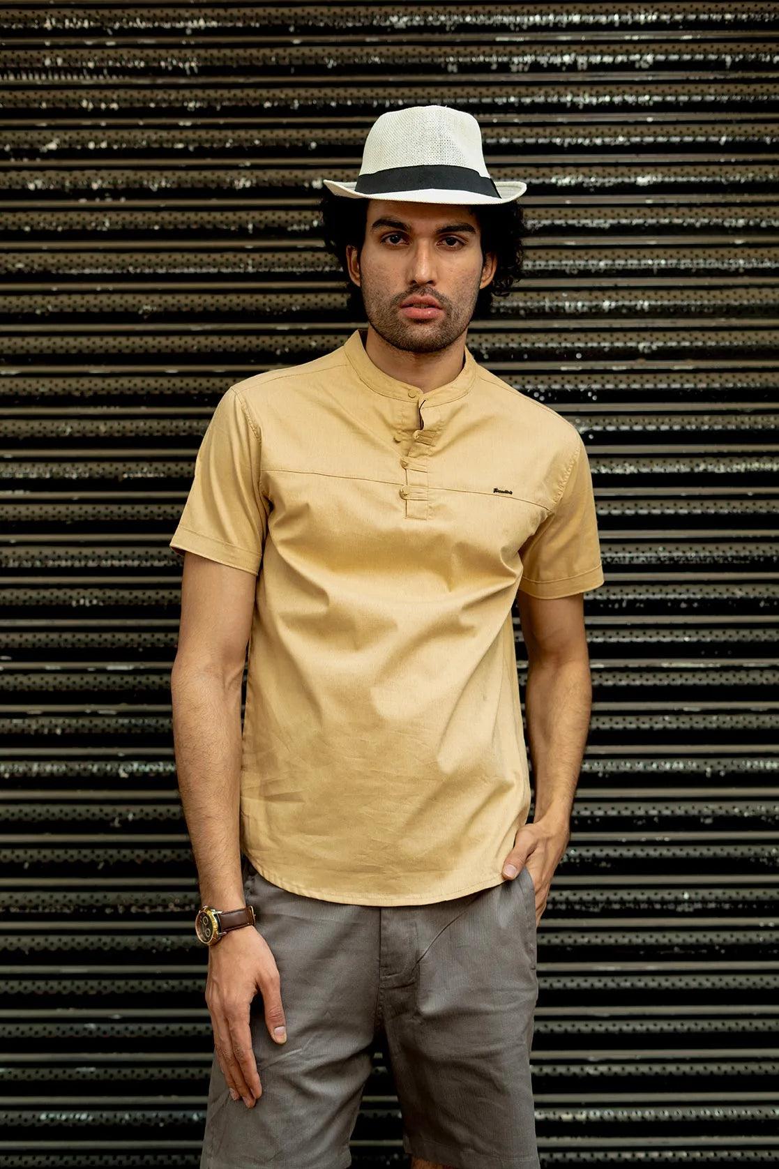 The Fort Collins Men's Casual Beige Mandarin Collar Shirt Kurta offers a stylish and comfortable option for any casual occasion.