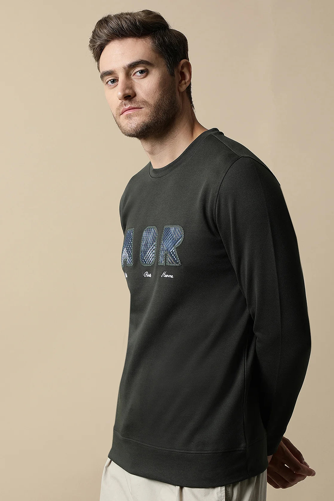 The Men's Dark Green Sweatshirt with Embroidered Chest Design, created by Fort Collins, can be purchased online from anywhere in India to enhance your wardrobe.