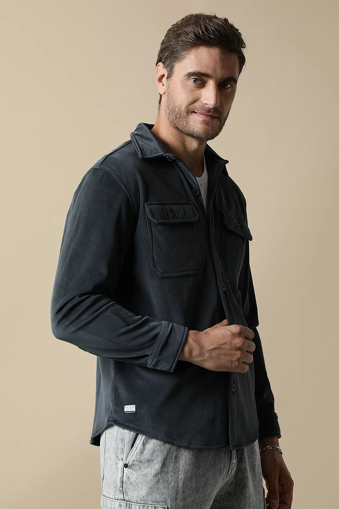 Upgrade your wardrobe with Fort Collins's Men's Dark Grey Corduroy Shacket, featuring dual chest pockets. Now available for online purchase in India.