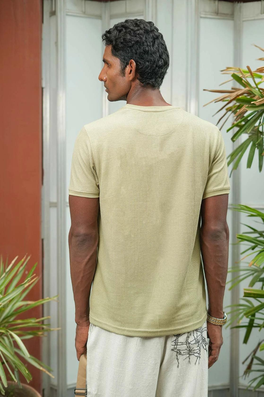 Fort Collins Men's Light Green Embossed Print Round Neck Short Sleeve T-Shirt available for online Sale in India.