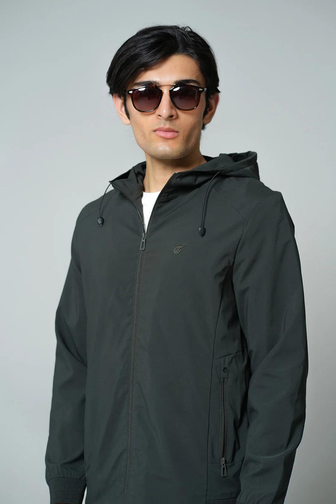 Order the Men's Dark Green Slim Fit Windbreaker Jacket with Adjustable Hood from Fort Collins online in India.