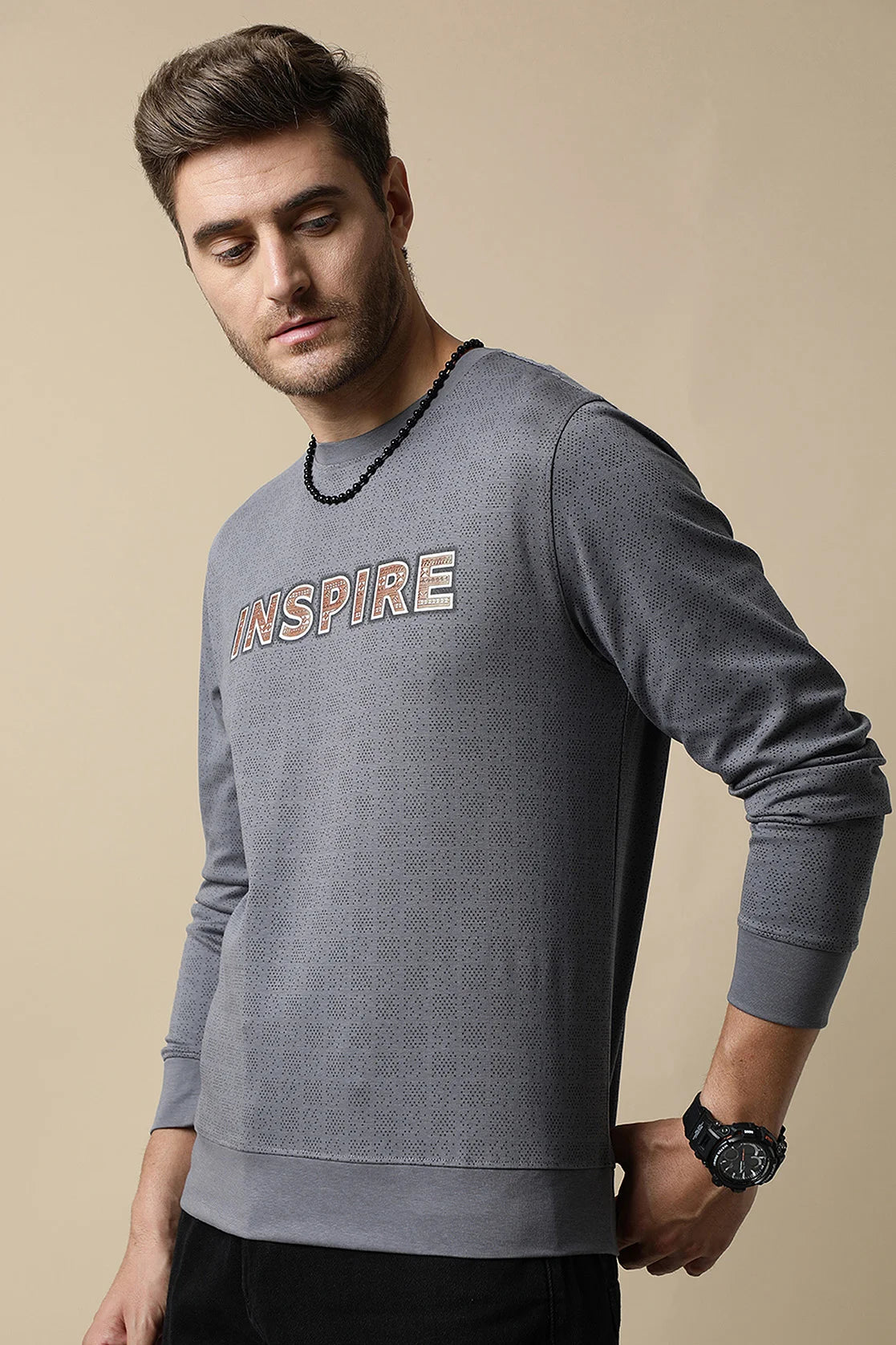 Purchase a fashionable wardrobe addition today with the Men's Grey Round Neck Sweatshirt featuring a unique Chest Print from Fort Collins. Easily shop online from any location in India.