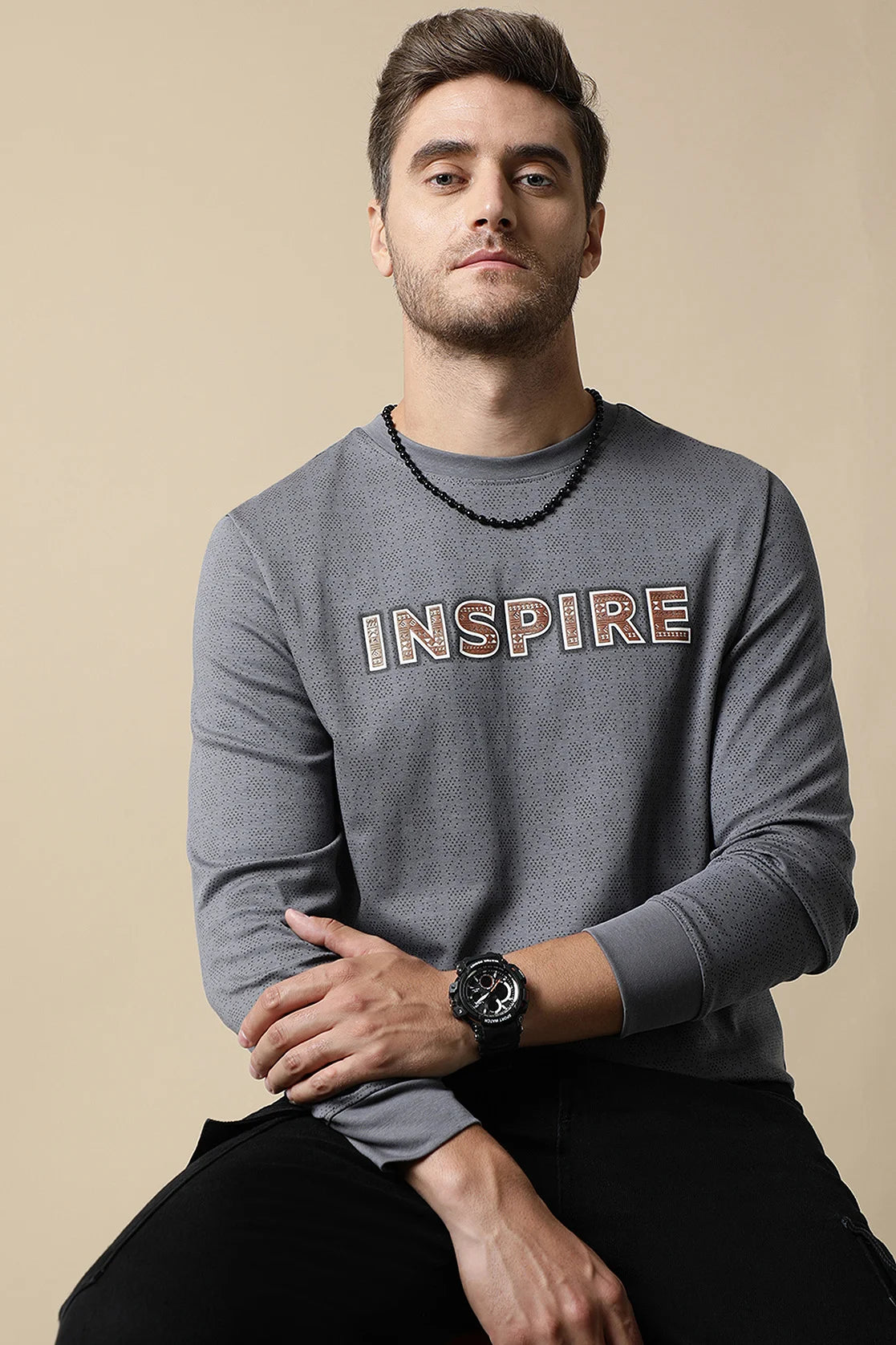 Discover the Men's Grey Round Neck Sweatshirt with Chest Print from Fort Collins. Available online for a fashionable addition to your wardrobe, no matter where you are in India.