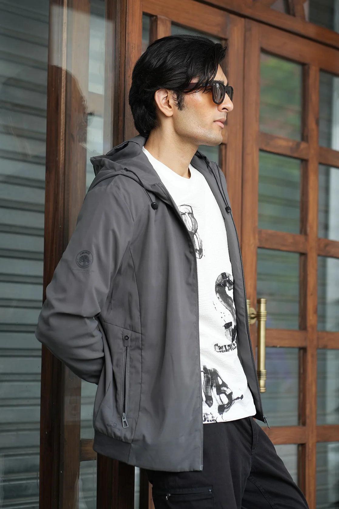 Men s Grey Slim Fit Windbreaker Jacket with Adjustable Hood