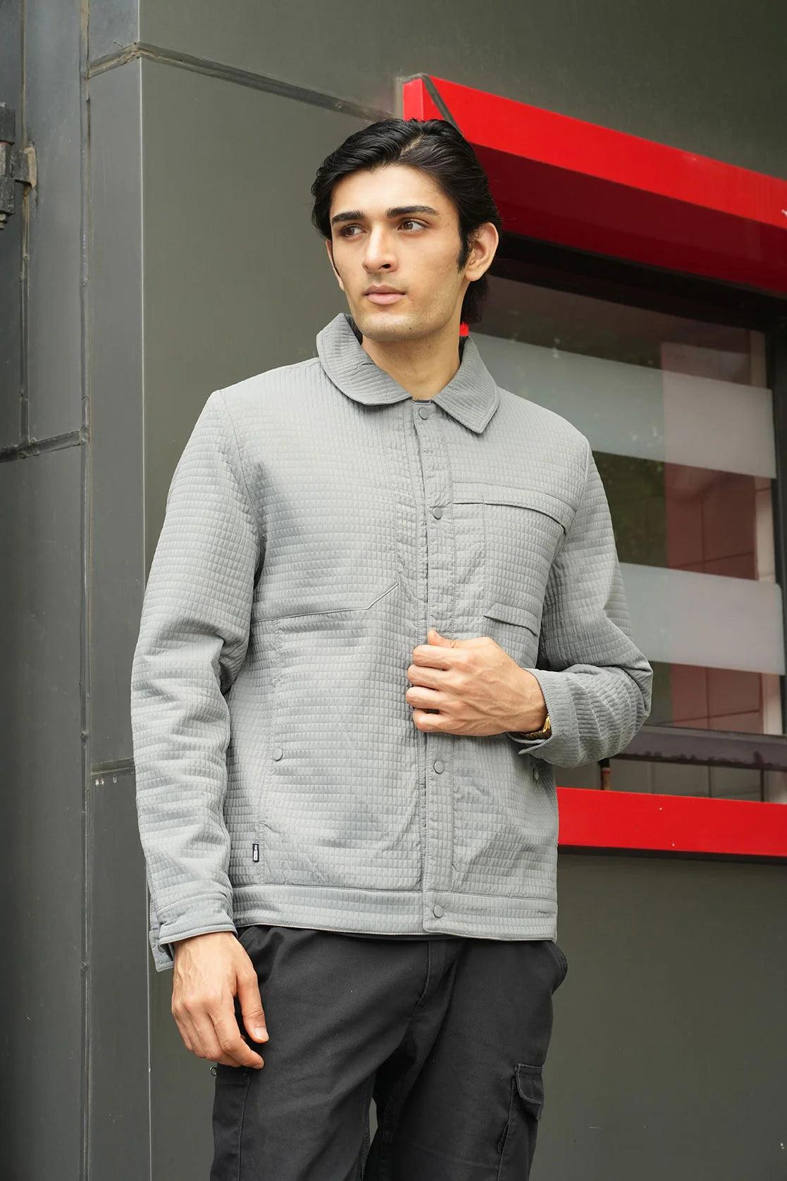 Order the Men's Grey Structured Fabric Shacket from Fort Collins online in India.