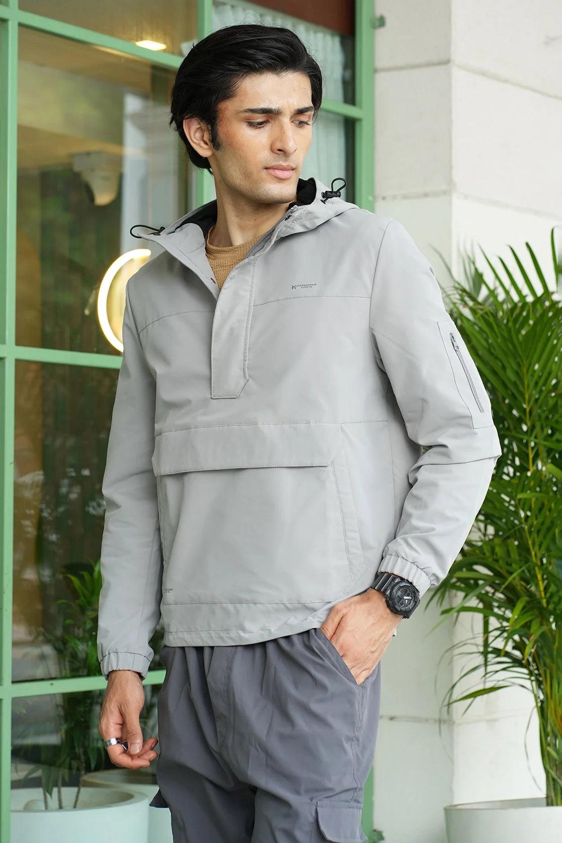 This grey windbreaker jacket for men from Fort Collins features an adjustable hood and mesh lining. It is currently available for purchase in India through brand's online shop.