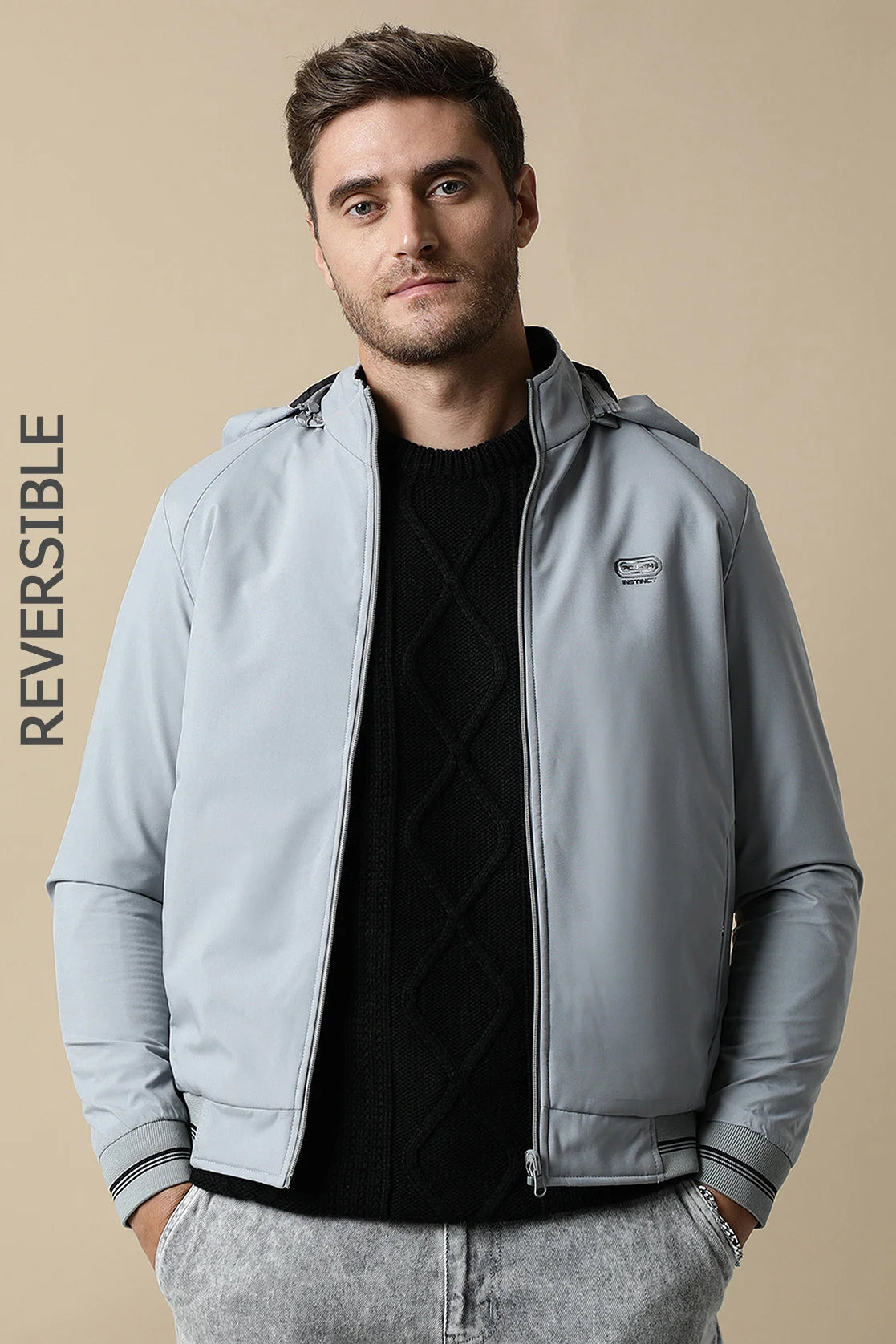 Discover the Fort Collins Men's Light Grey Reversible Windbreaker With Detachable Hood, available for online purchase in India. Elevate your wardrobe with this stylish option from a trustworthy brand.