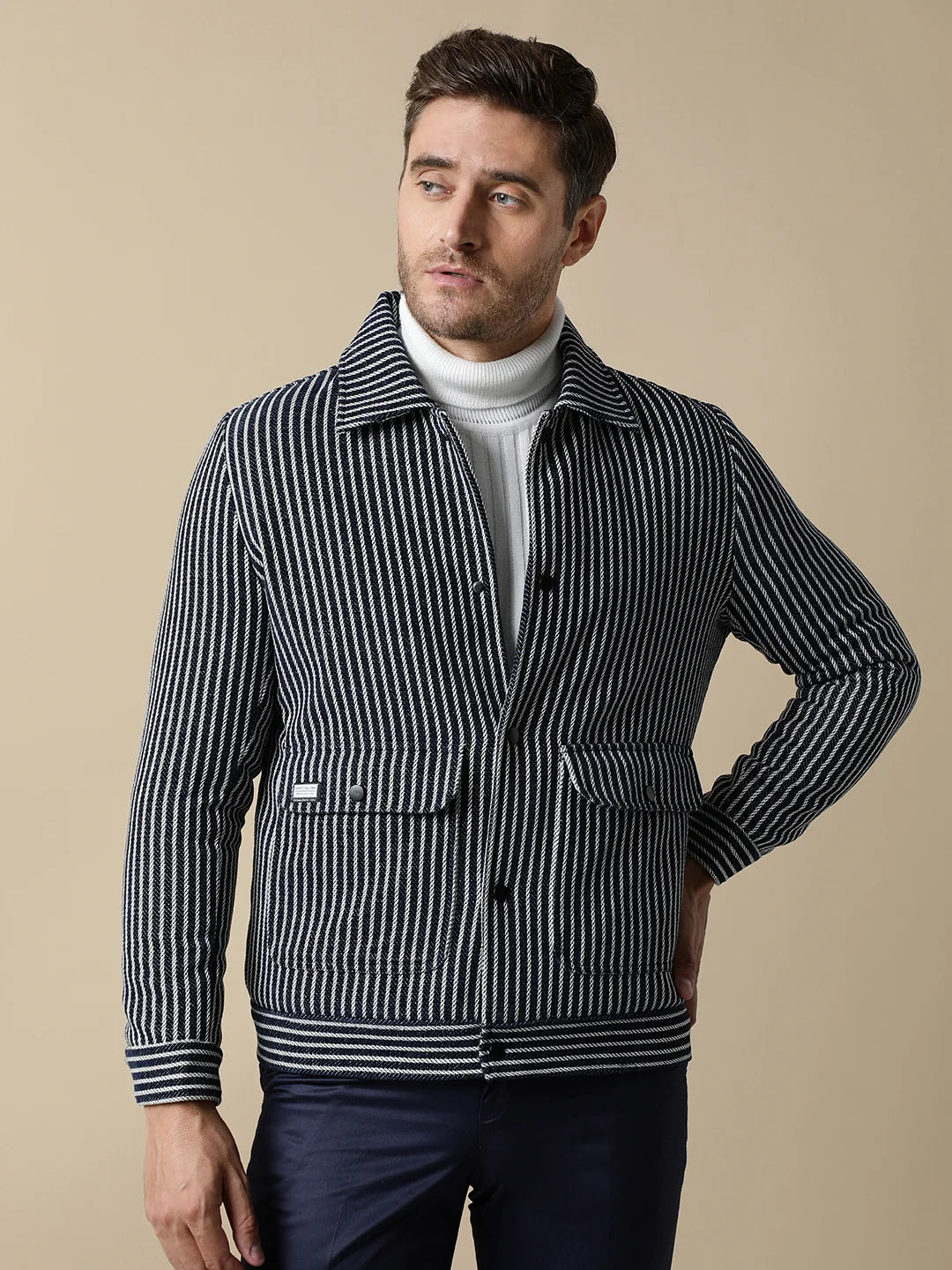 Upgrade your wardrobe with the Fort Collins Men's Navy Striped Tweed Jacket, complete with dual pockets. Shop online now for a stylish addition to your attire, available for purchase in India.