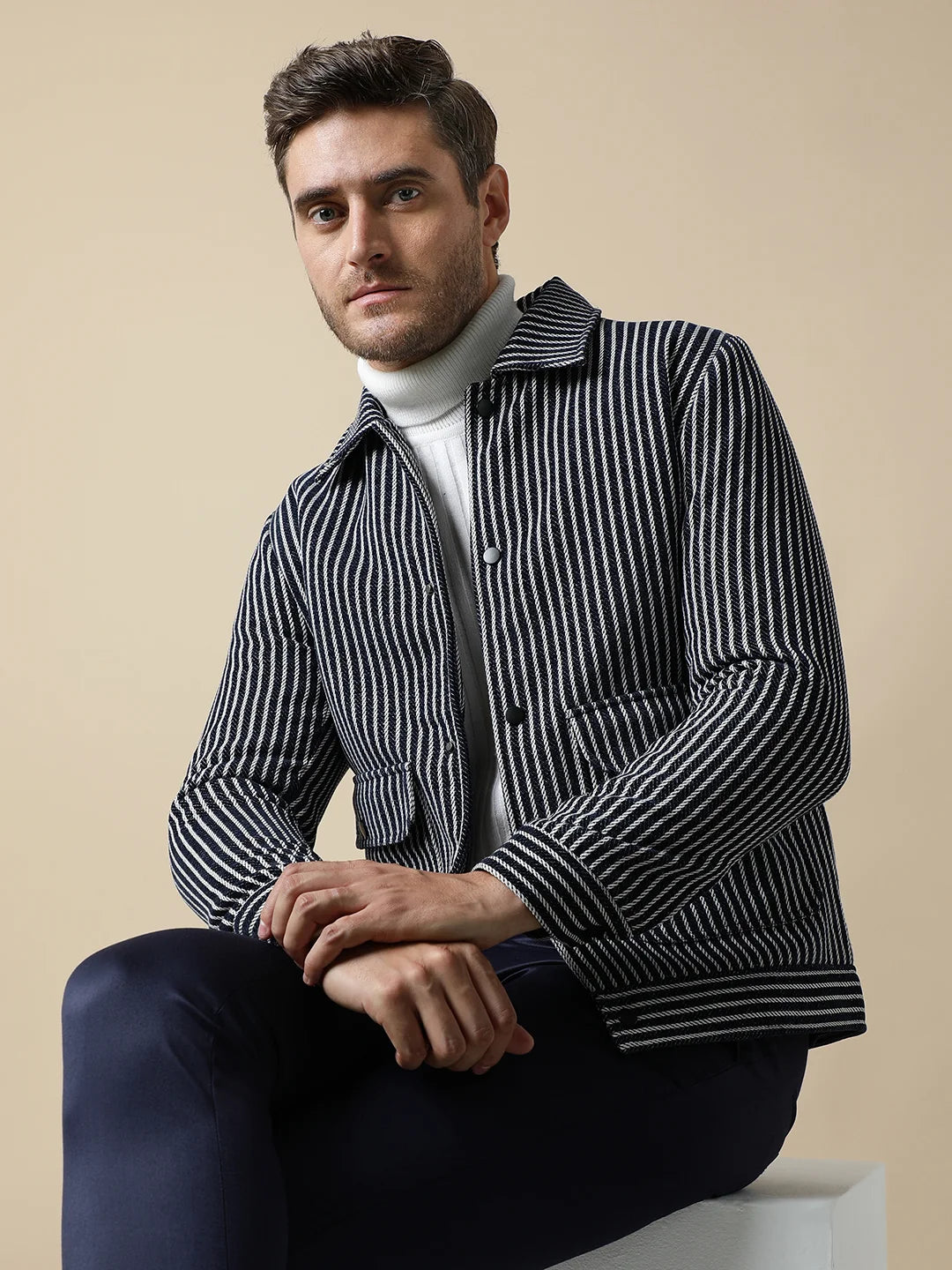 Shop now for a stylish wardrobe upgrade with the Fort Collins Men's Navy Striped Tweed Jacket, available online from anywhere in India.