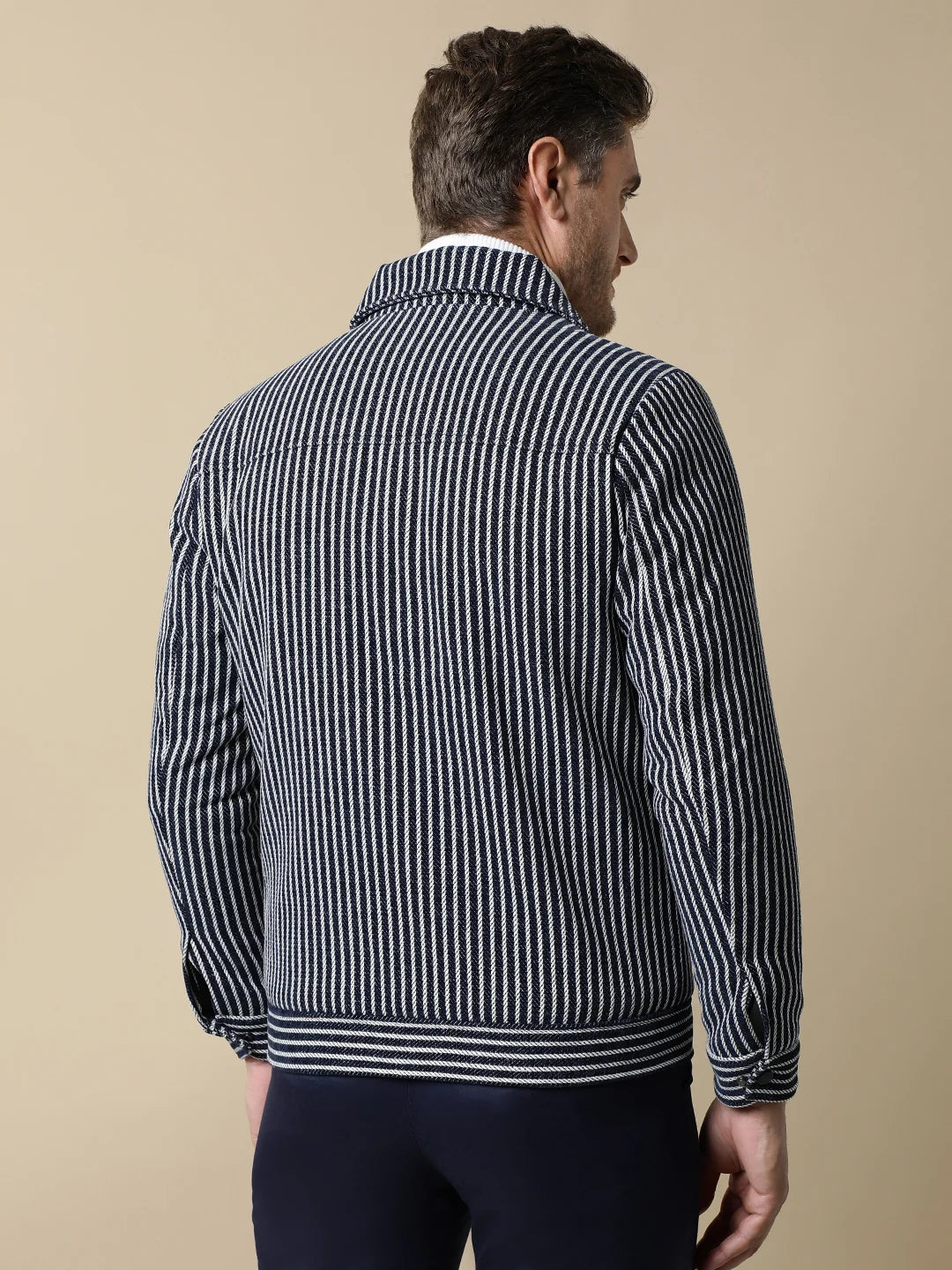 Discover the fashionable Fort Collins Men's Navy Striped Tweed Jacket with Dual Pockets. Upgrade your wardrobe with this must-have jacket, available for online purchase from anywhere in India.