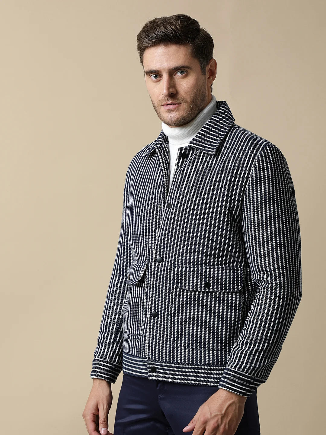 Discover the stylish Fort Collins Men's Navy Striped Tweed Jacket, complete with dual pockets. Upgrade your wardrobe with this trendy piece, available to shop online from anywhere in India.