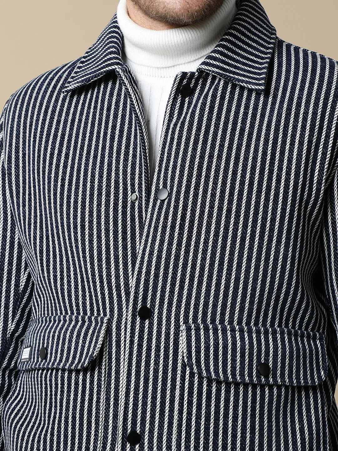 Upgrade your wardrobe with the Fort Collins Men's Navy Striped Tweed Jacket, featuring dual pockets. Shop now online for a stylish addition to your collection, available in India.