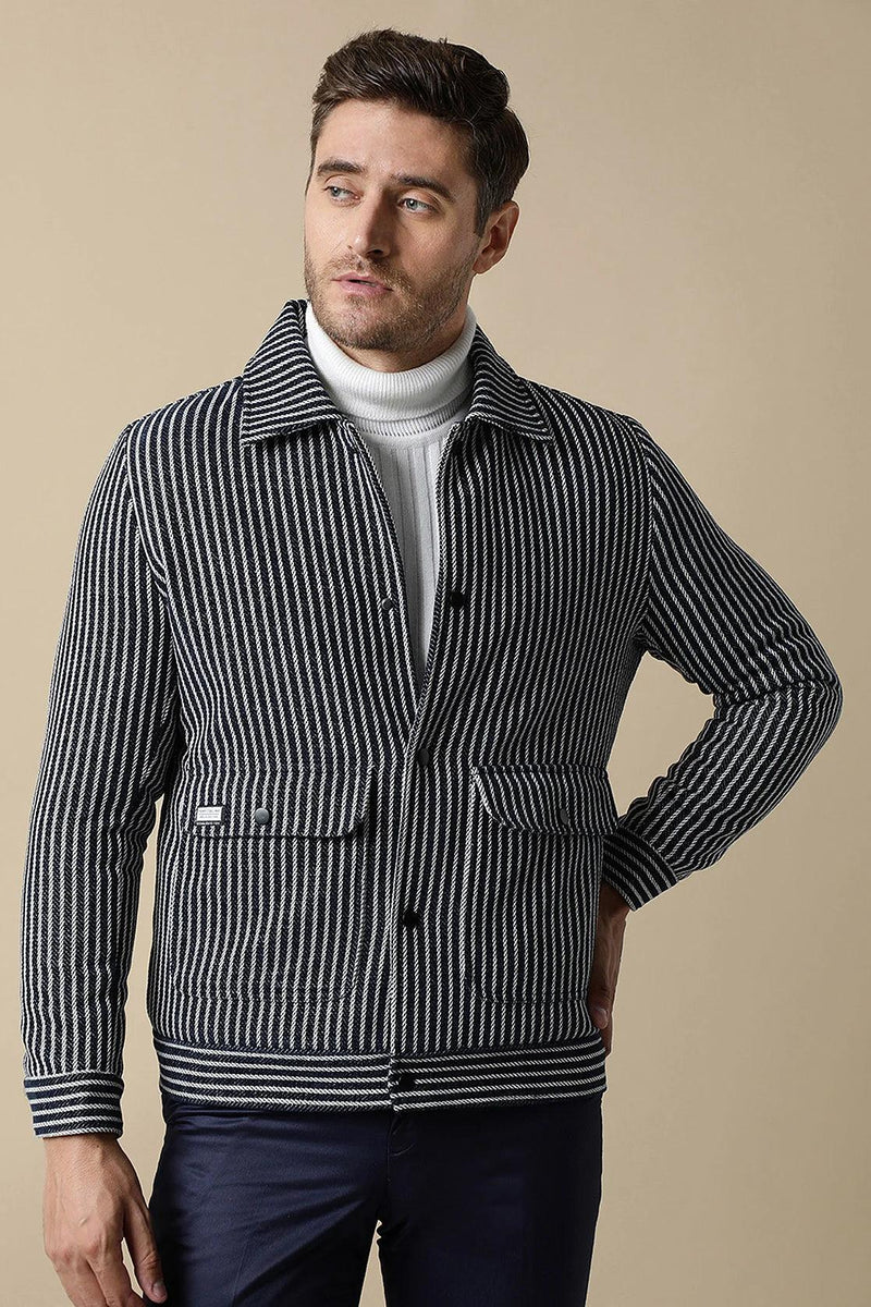 Men's Navy Striped Tweed Jacket with Dual Pockets