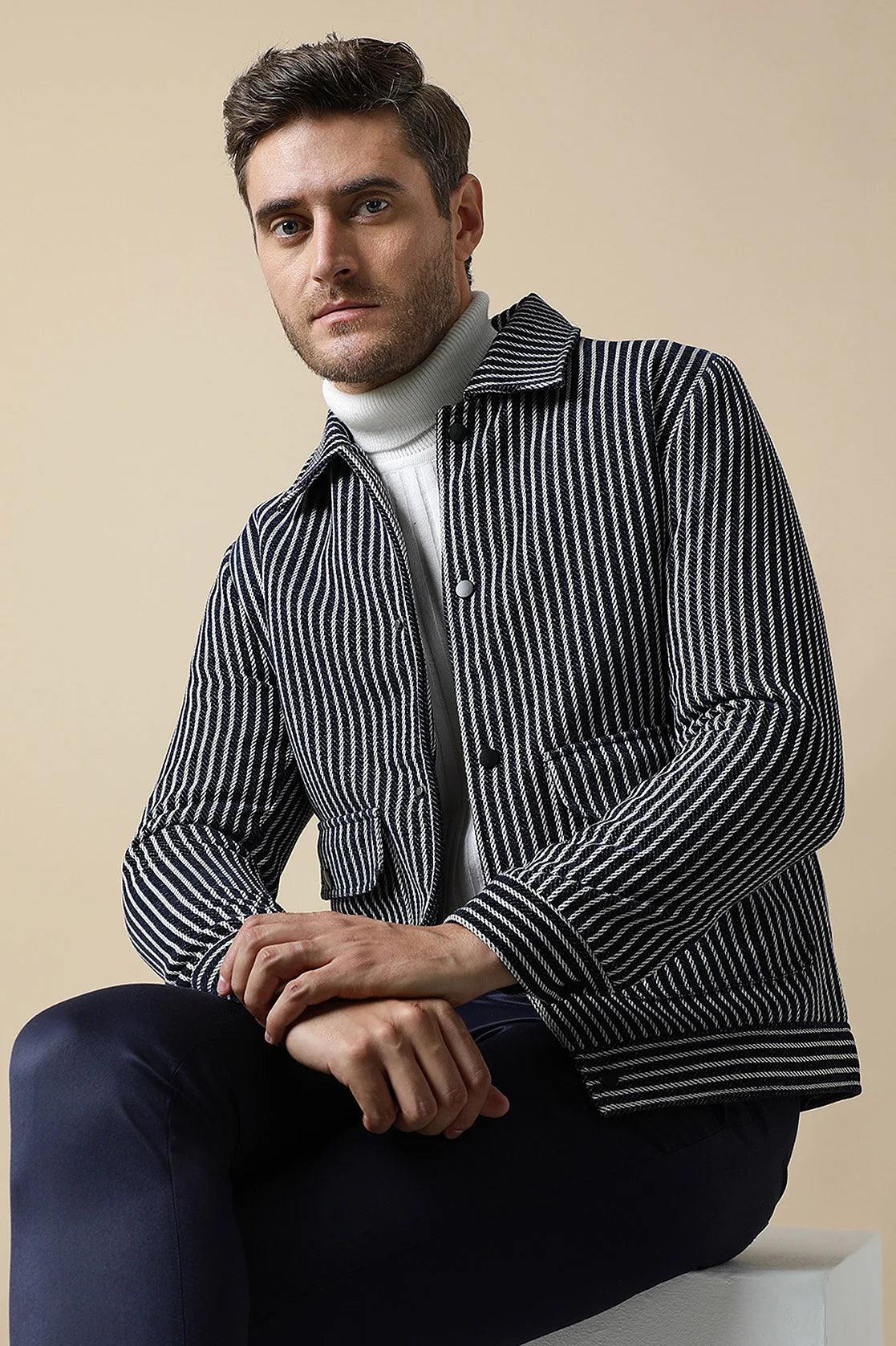 Purchase a stylish wardrobe essential with the Men's Navy Striped Tweed Jacket featuring dual pockets by Fort Collins. Shop online now and elevate your fashion game from anywhere in India.