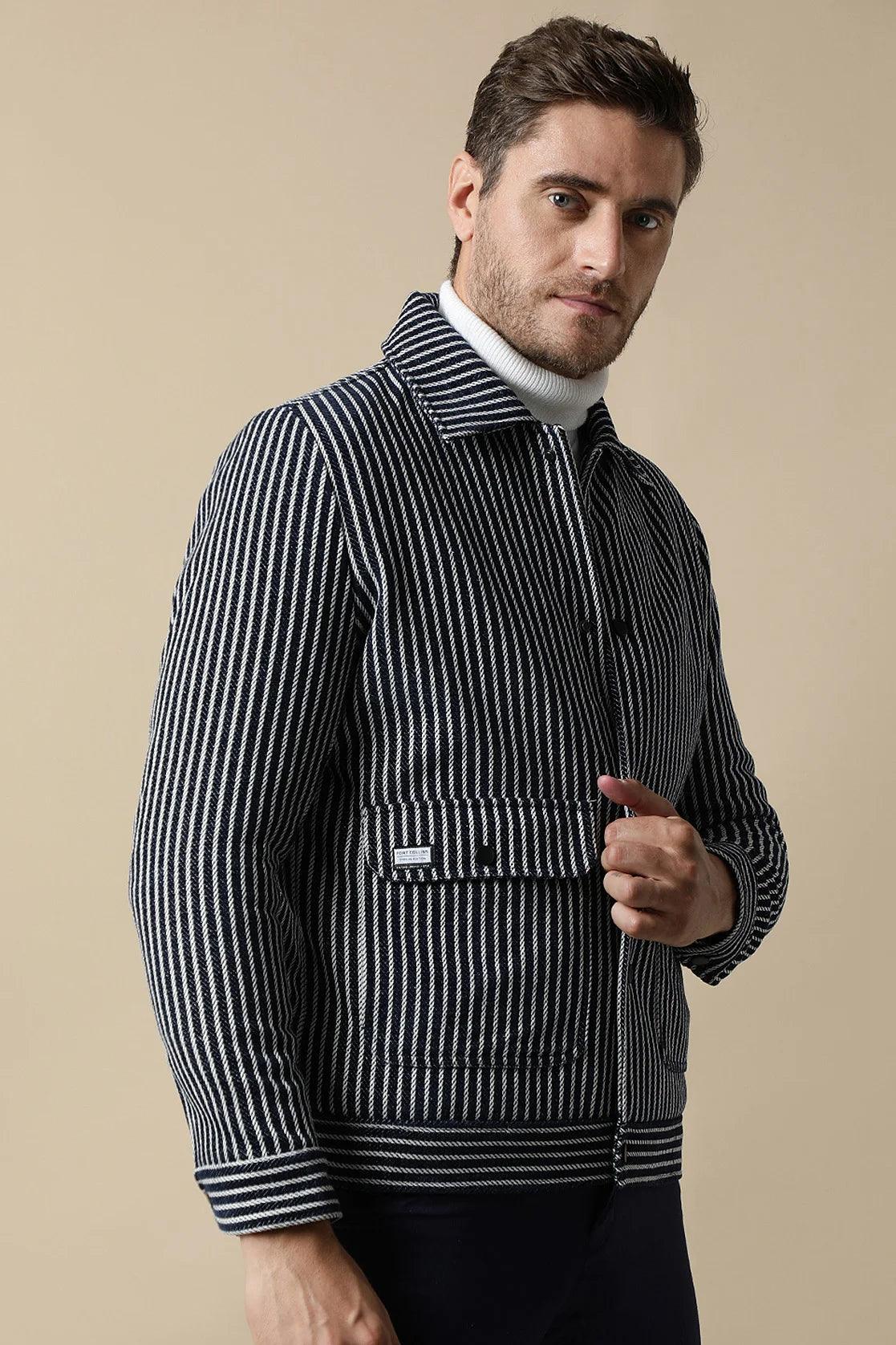 Discover the latest Men's Navy Striped Tweed Jacket with Dual Pockets by Fort Collins. Order online and elevate your wardrobe with this fashionable item, available for purchase from anywhere in India.