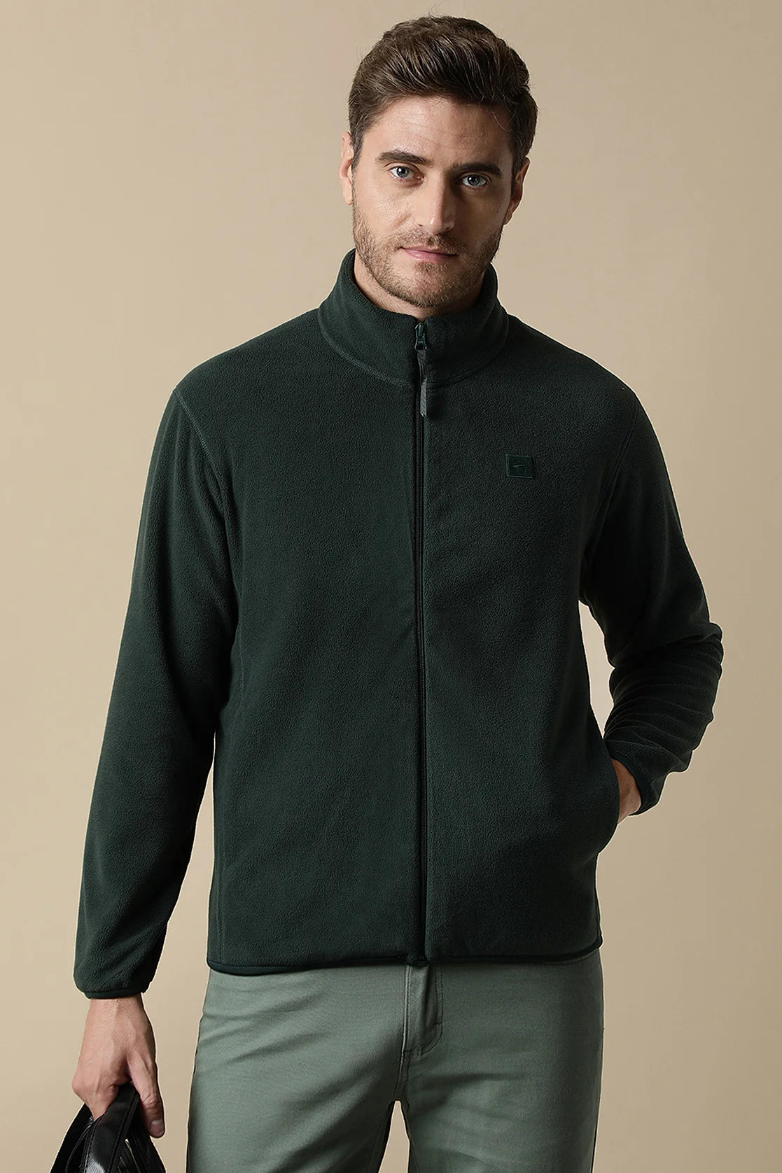 Purchase the versatile Men's Olive Green Full-Zip Fleece Sweatshirt by Fort Collins online from anywhere in India. Shop now for comfortable and stylish casual wear.