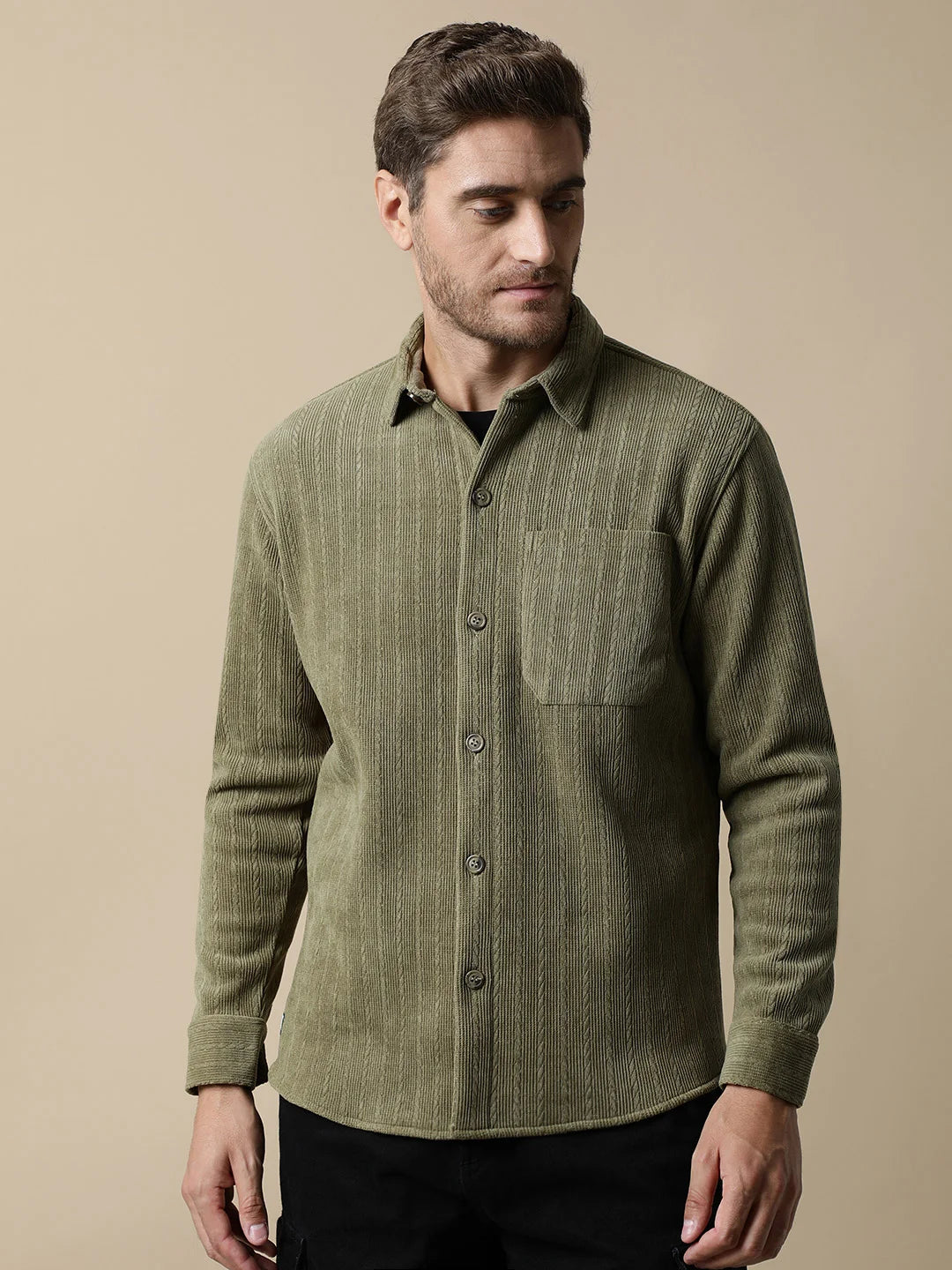 Upgrade your wardrobe with Fort Collins' Men's Olive Green Knitted Button Down Shacket, available for purchase online from anywhere in India. Stay on trend with this stylish and functional piece.