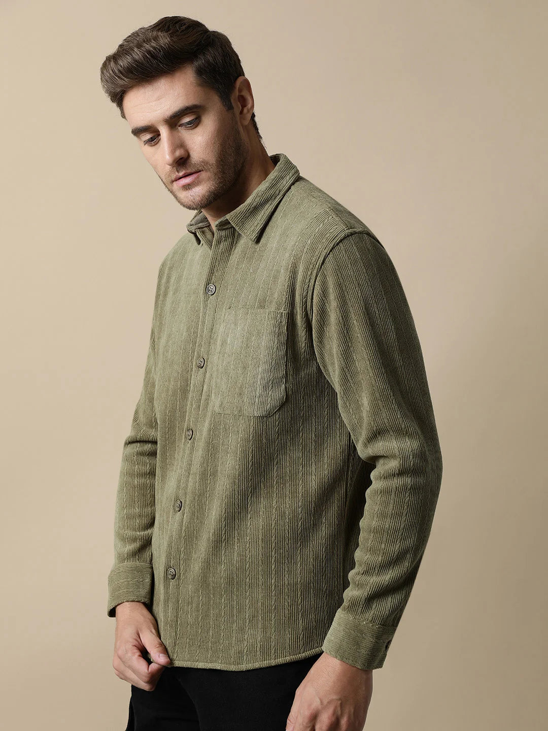 Upgrade your wardrobe with the Men's Olive Green Knitted Button Down Shacket by Fort Collins, available for online purchase in India. Trust the experts in fashion for a trendsetting addition to your style.