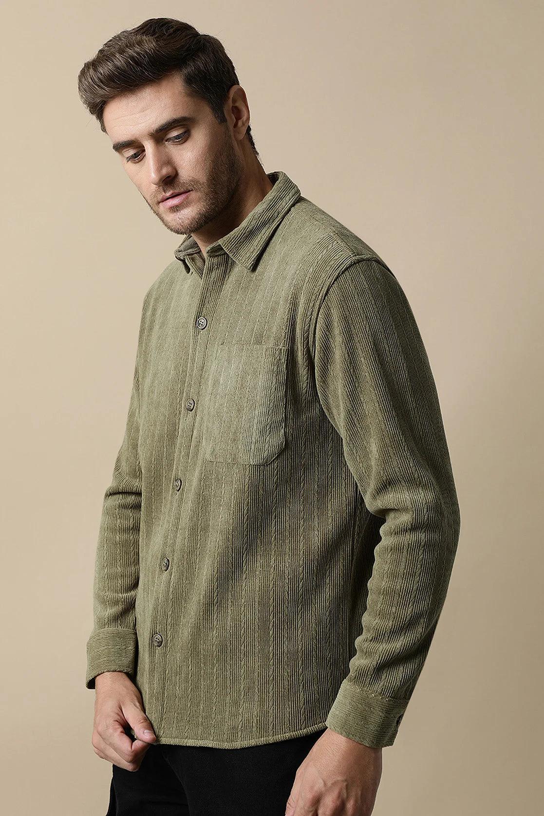 Upgrade your wardrobe with the Men's Olive Green Knitted Button Down Shacket by Fort Collins, available for online purchase in India. Trust the experts in fashion for a trendsetting addition to your style.