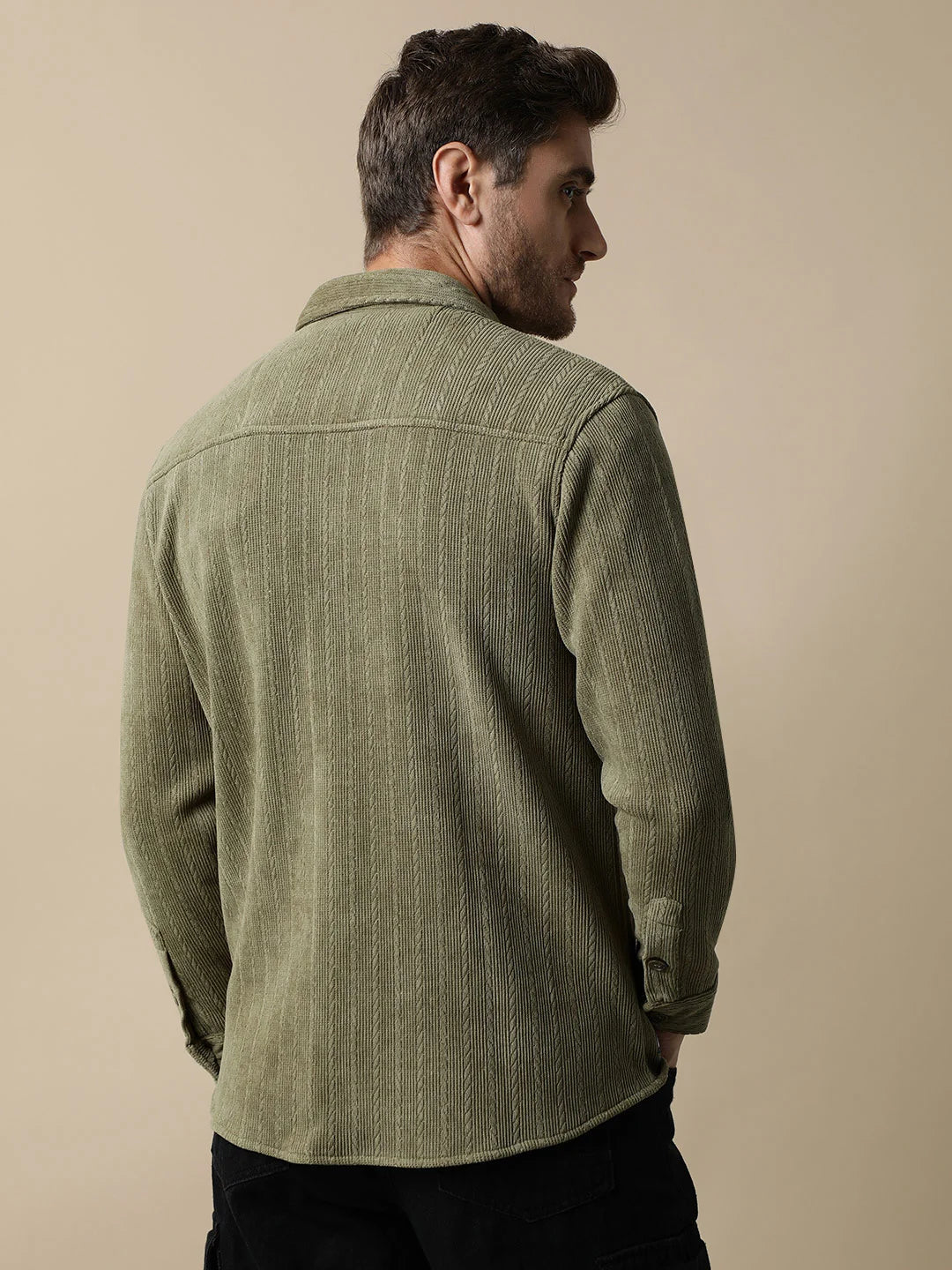 Upgrade your wardrobe with the trendy Olive Green Knitted Button Down Shacket for men by Fort Collins, available for online purchase from anywhere in India.