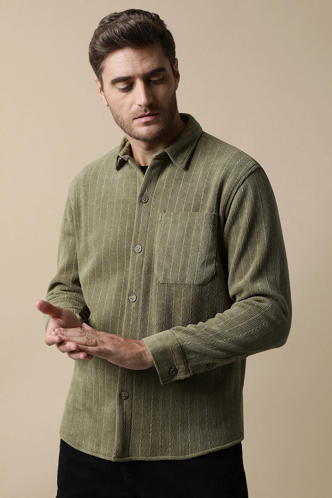 Upgrade your wardrobe with the trendy Men's Olive Green Knitted Button Down Shacket by Fort Collins. Shop online from anywhere in India for a stylish addition.