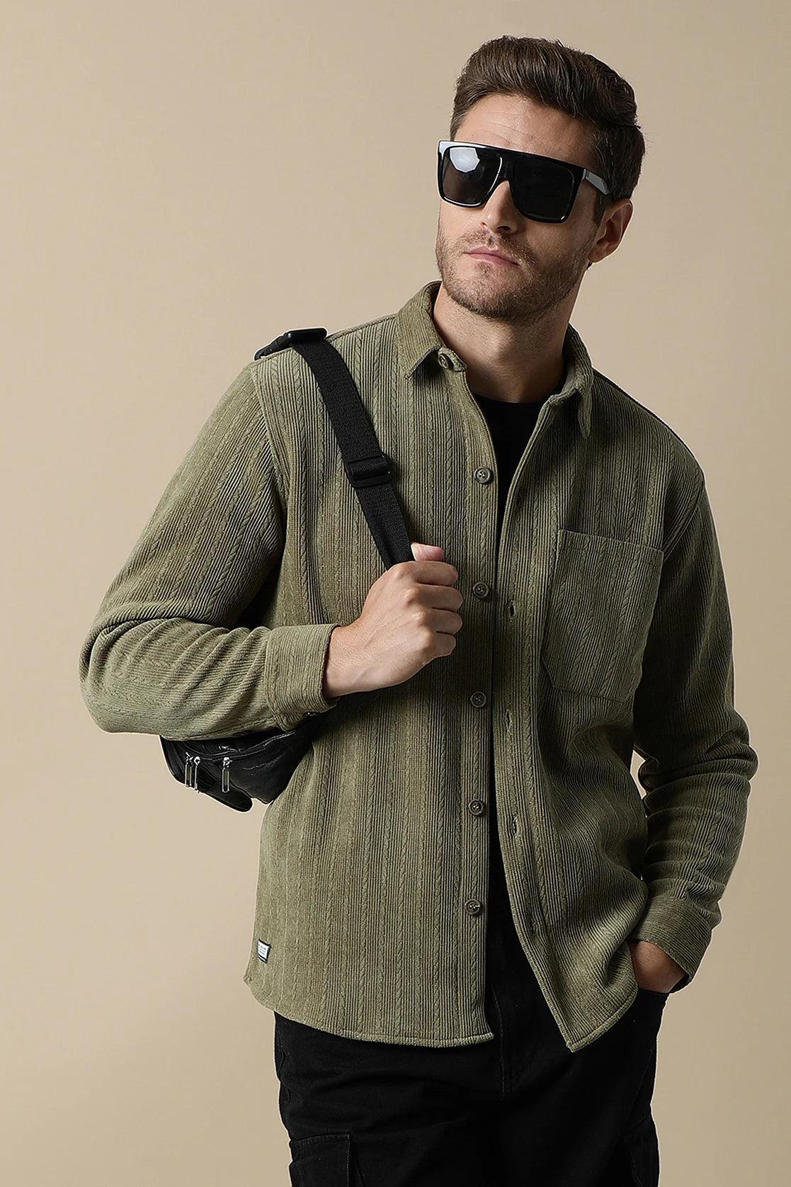 Upgrade your wardrobe with the Men's Olive Green Knitted Button Down Shacket by Fort Collins. Shop now for a fashionable addition to your closet, all available for purchase online from anywhere in India.