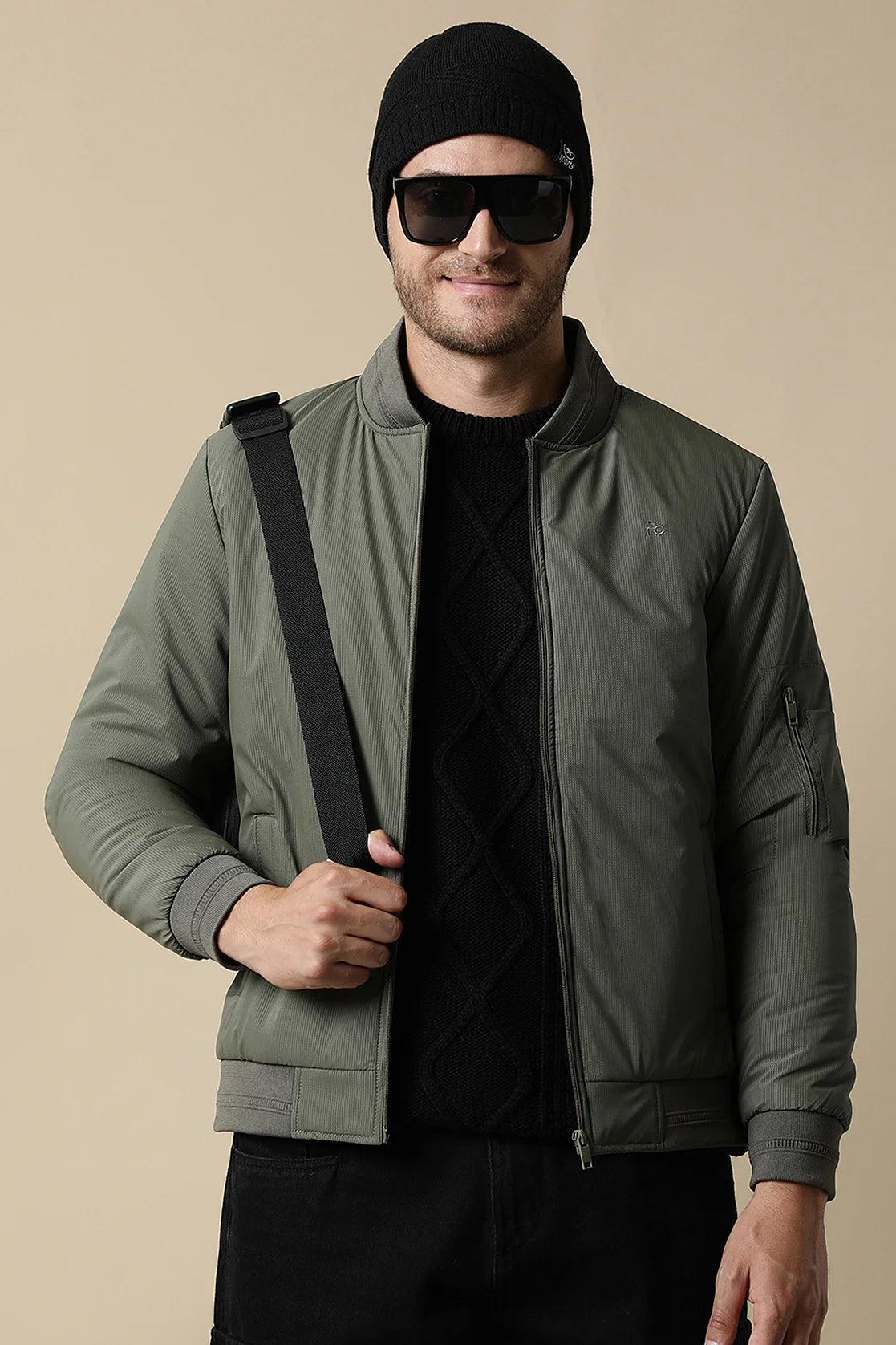Men s Olive Green Lightweight Jacket with Ribbed Collar