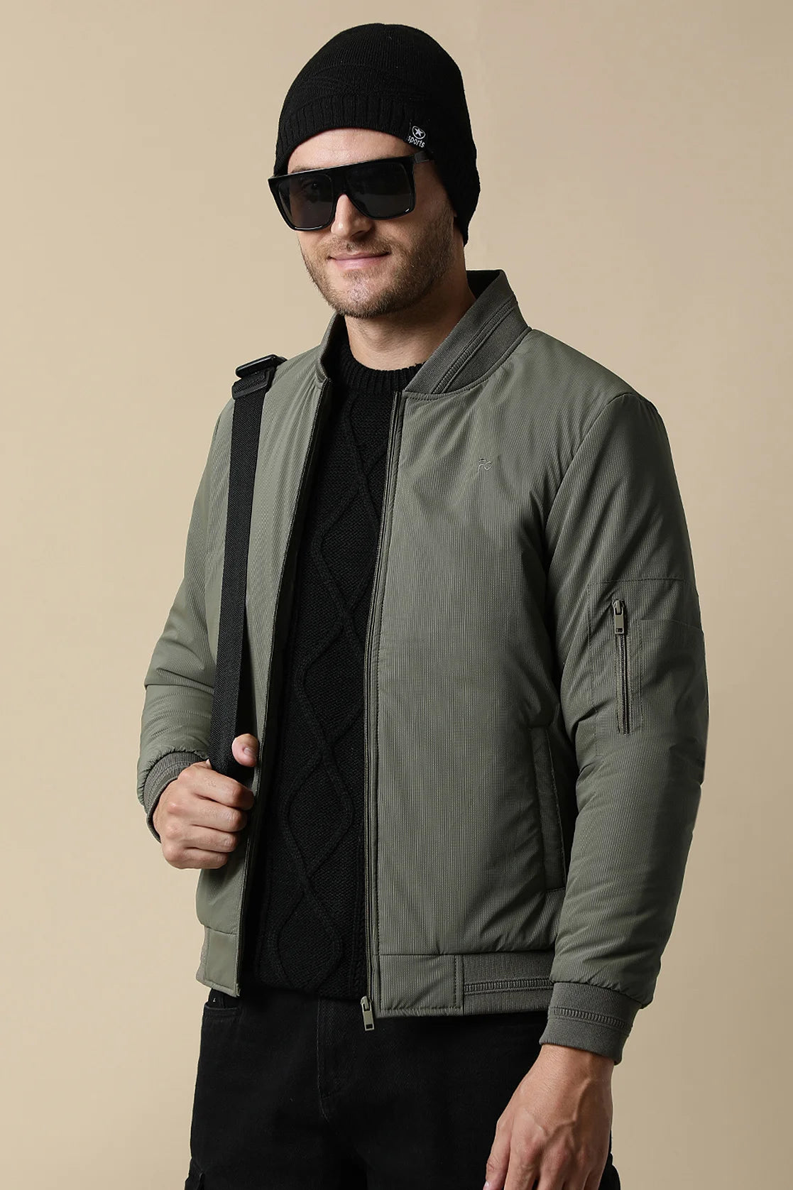 Shop for a stylish collection of Men's Olive Green Lightweight Jacket with Ribbed Collar, available for online purchase from anywhere in India, brought to you by Fort Collins.