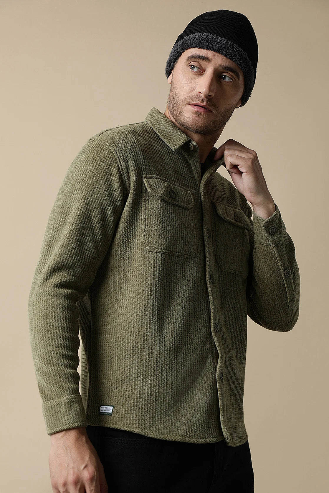 Browse our collection of Fort Collins Men's Olive Green Textured Shackets with Dual Chest Pockets, available for purchase online from anywhere in India. Elevate your wardrobe with this stylish and on-trend piece.