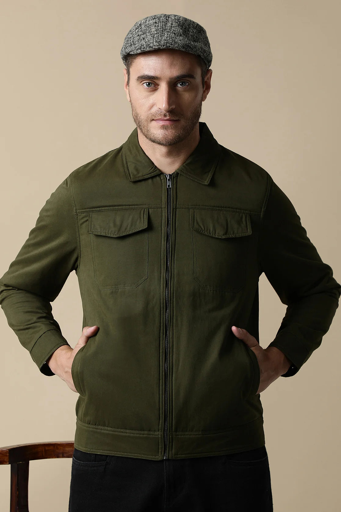 Shop online now for a stylish wardrobe upgrade with Fort Collins' Men's Olive Lightweight Jacket, featuring dual chest pockets and available throughout India.