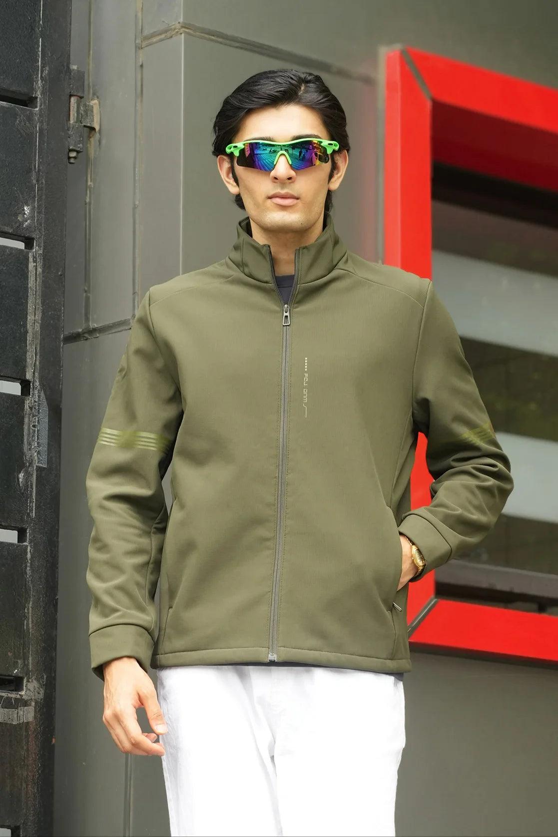 Shop the Men's Olive Lightweight Windbreaker Jacket with Embossed Sleeves Online from Fort Collins, available in India.