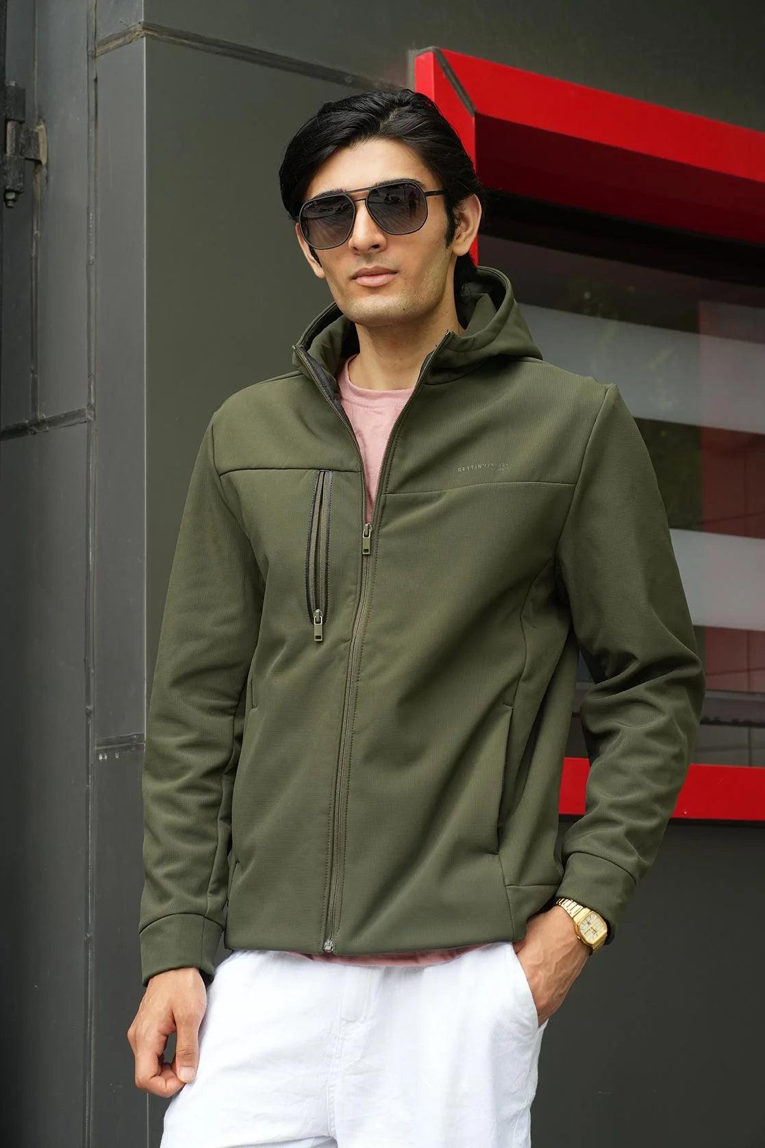 Purchase the Men's Olive Windbreaker Jacket with Structured Zipper Pockets from Fort Collins online in India.