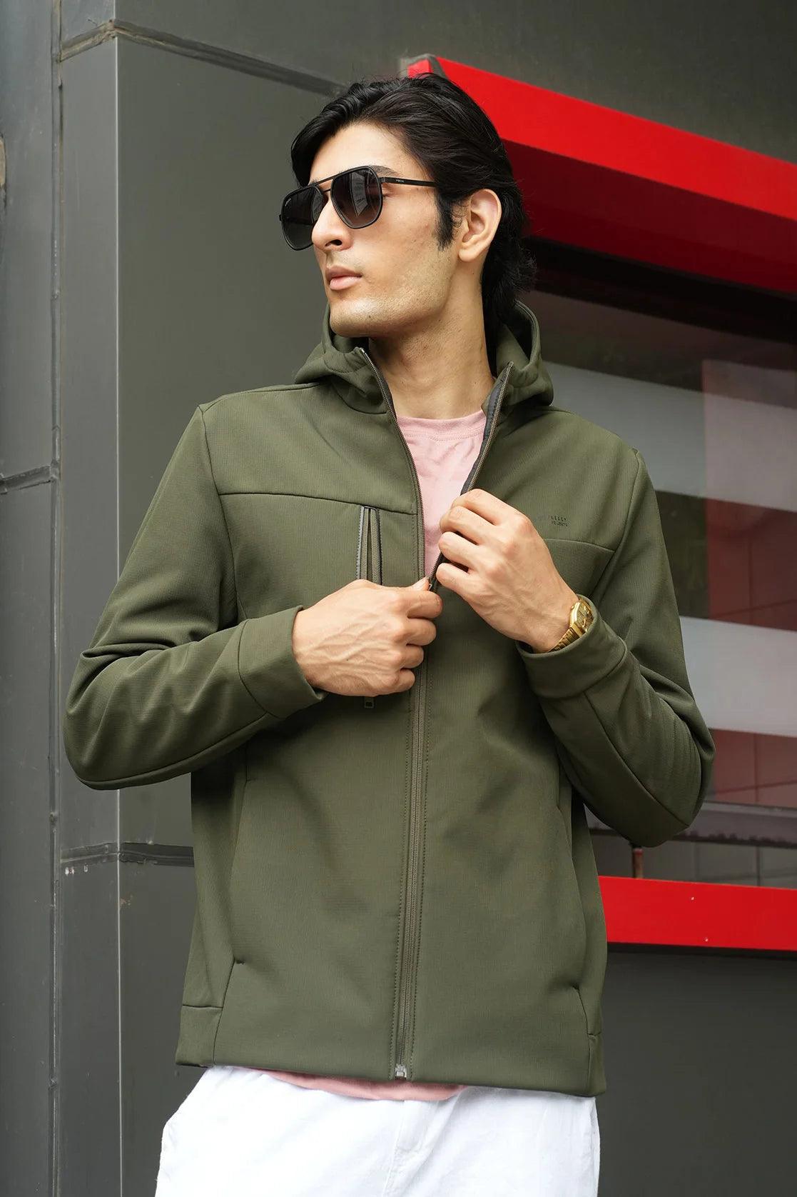 Order the Men's Olive Windbreaker Jacket with Structured Zipper Pockets from Fort Collins online in India.