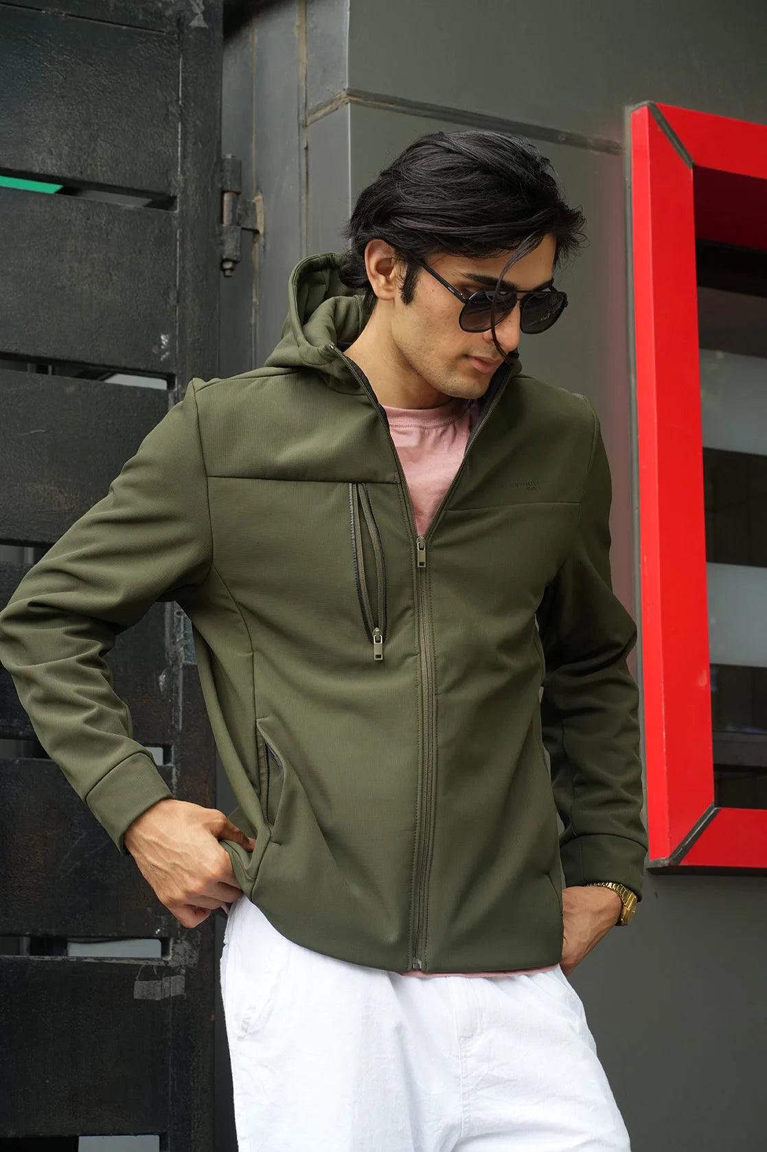 Purchase the Men's Olive Windbreaker Jacket with Structured Zipper Pockets from Fort Collins online in India.