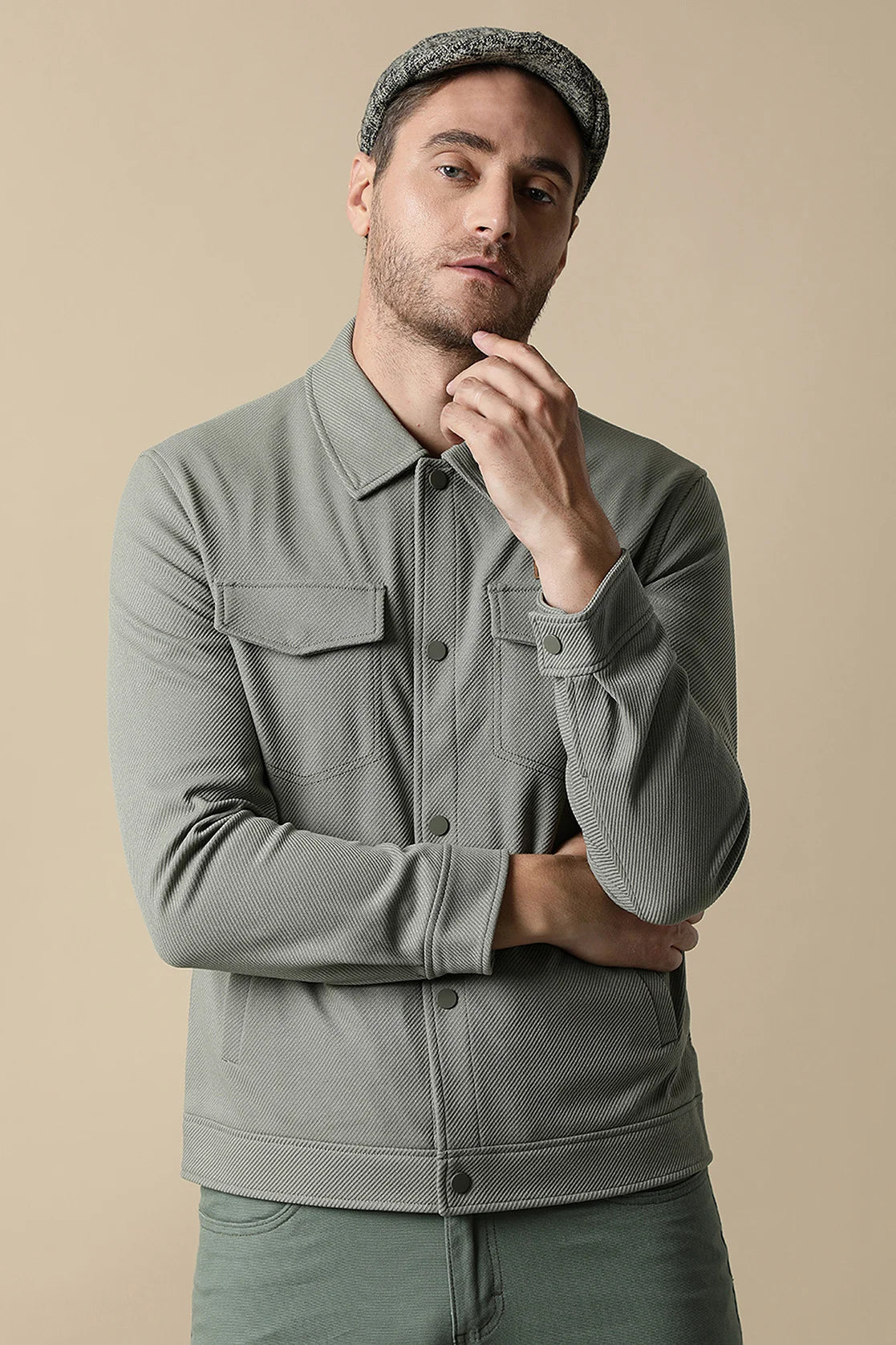 Upgrade your wardrobe with the Men's Sage Green Button-Up Knitted Jacket by Fort Collins. Shop now for a stylish look, available online and accessible from anywhere in India.