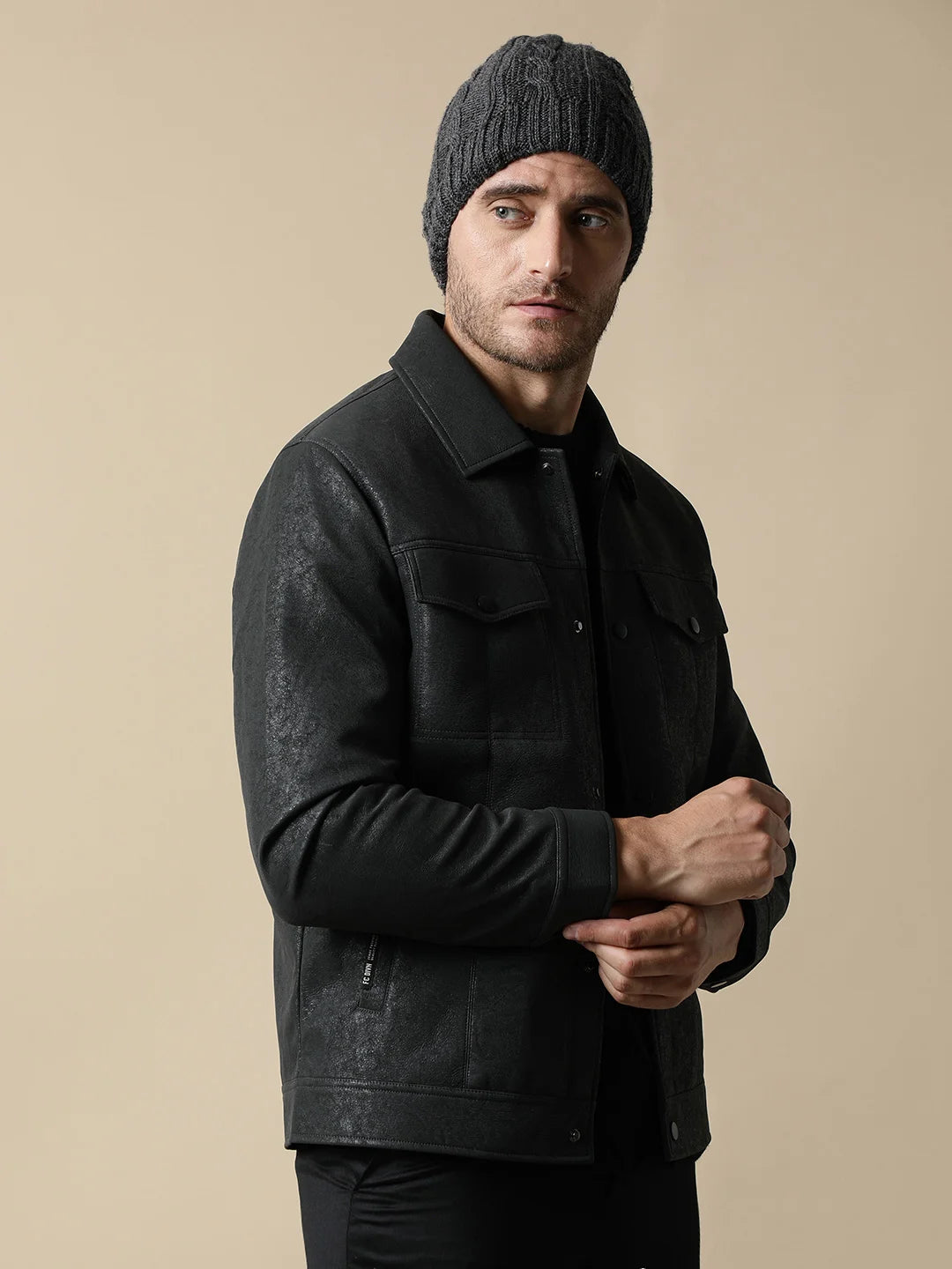 Discover the sleek style of the Men's Stylish Bonded Fabric Shacket in Black by Fort Collins. Upgrade your wardrobe with this fashionable piece available for purchase online in India.