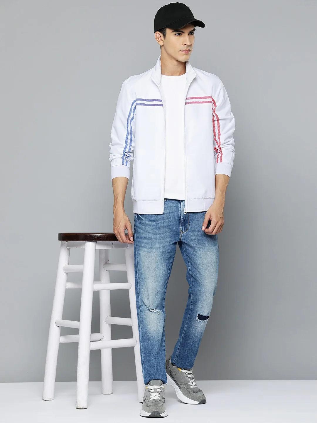 Upgrade your wardrobe with this Men's White Lightweight Track Jacket featuring dual-colored side stripes. Shop now online from anywhere in India for a stylish addition to your closet.