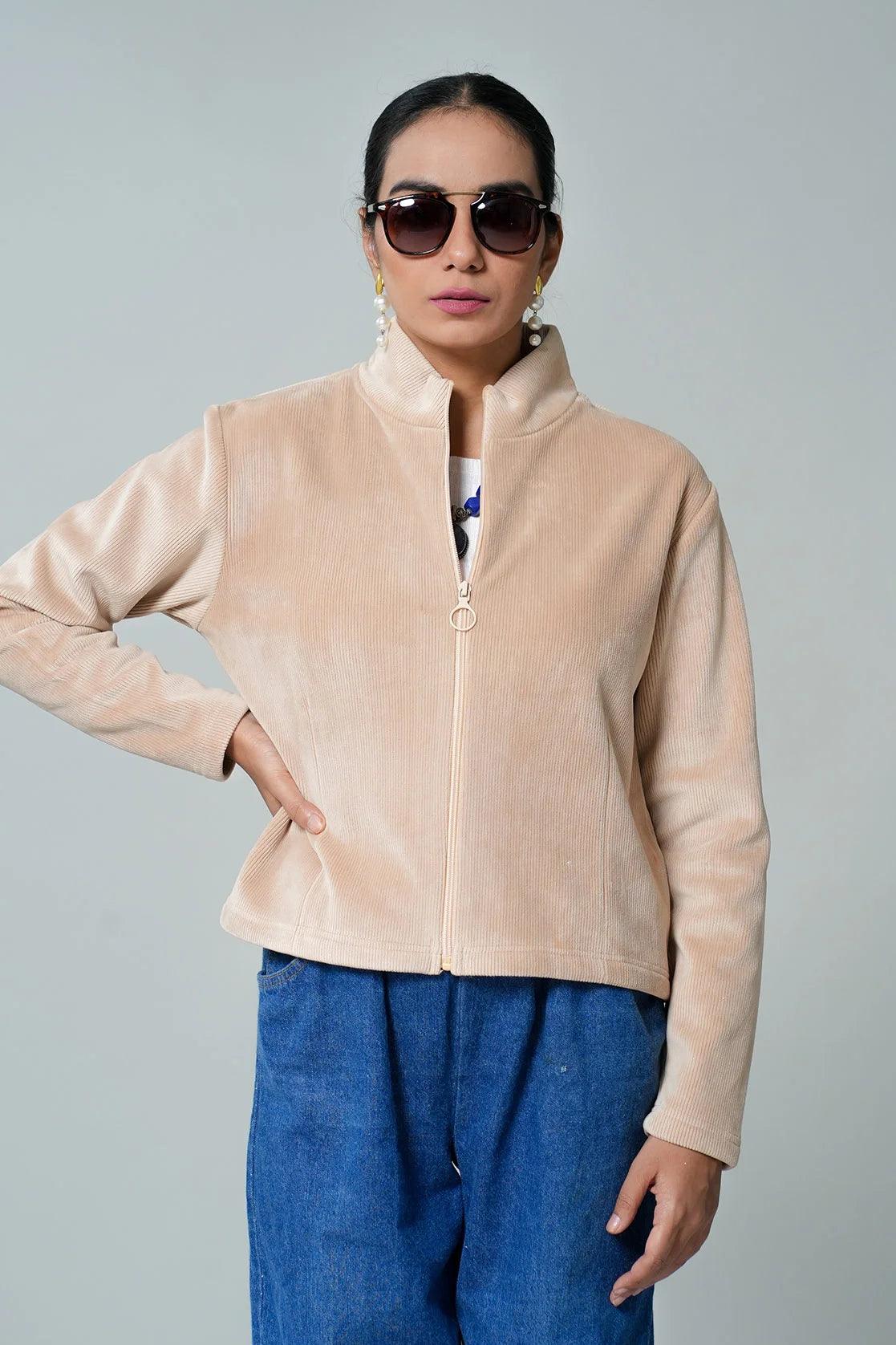 Elevate your wardrobe with the Fort Collins Women's Beige Corduroy Jacket, featuring a stylish stand collar. Available for online purchase from anywhere in India.