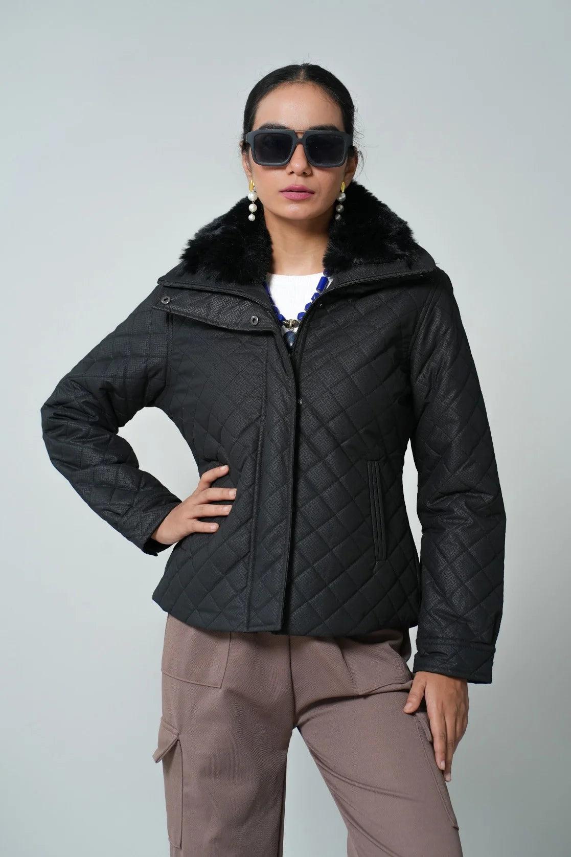 Discover the Fort Collins Black Quilted Jacket for Women with a Fur-Lined Mock Collar, available to purchase online in India.