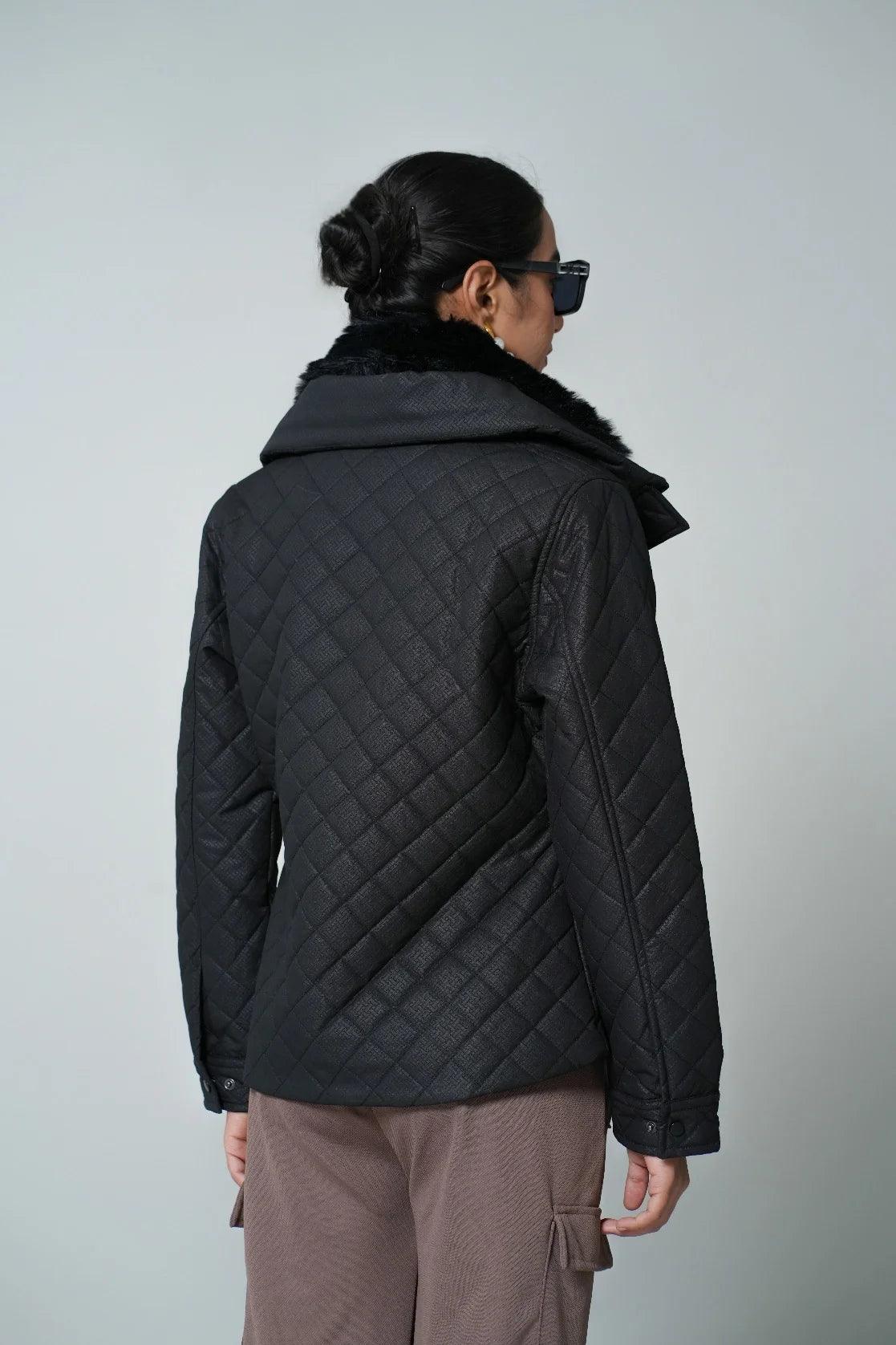 Discover the Fort Collins Women's Black Quilted Jacket with Fur-Lined Mock Collar, available online in India.