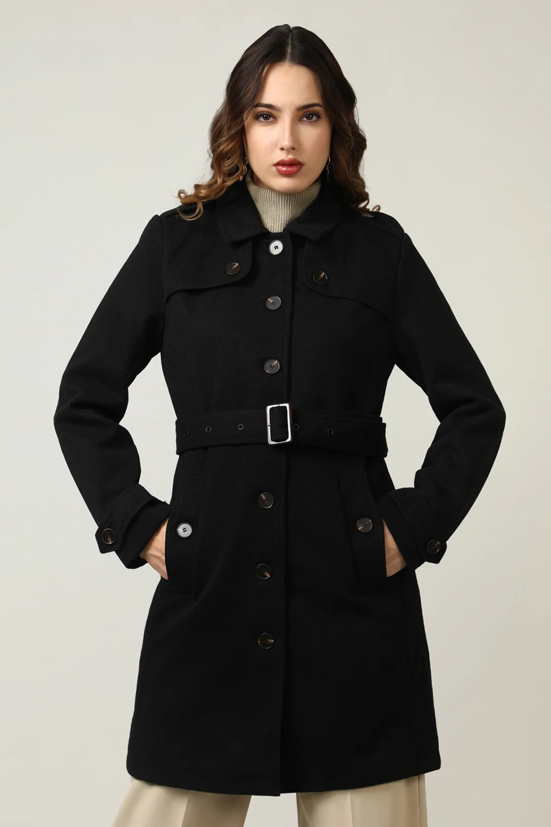 Experience the timeless elegance and sophistication of our Women's Black Tweed Fabric Trench Coat designed by Fort Collins. Purchase online from anywhere in India to elevate your fashion game.